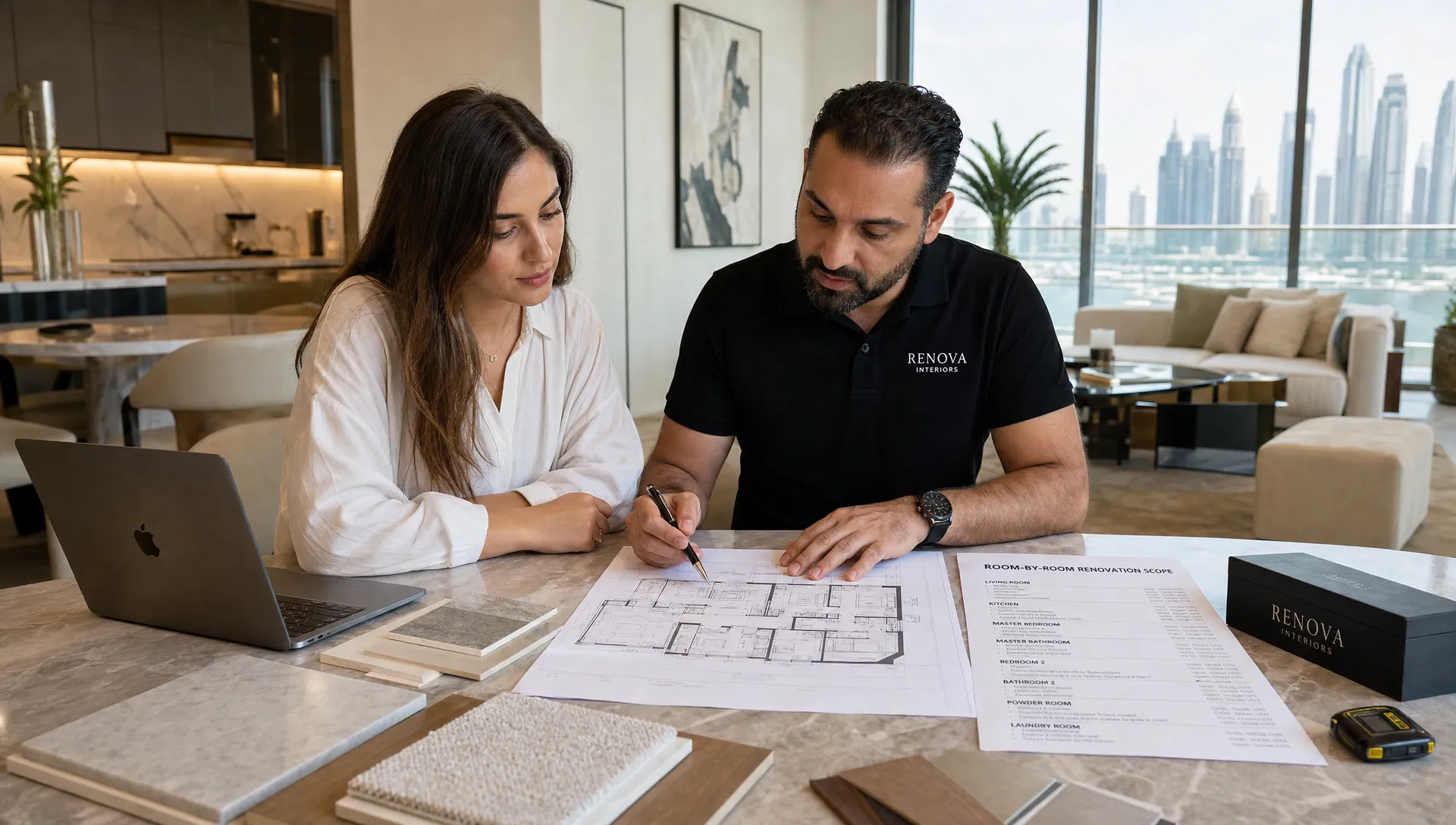A homeowner and renovation specialist reviewing floor plans, material samples, and a room-by-room renovation scope document on a table inside a modern Dubai apartment, seen from a wider angle with the table in the foreground and the room softly visible behind them.