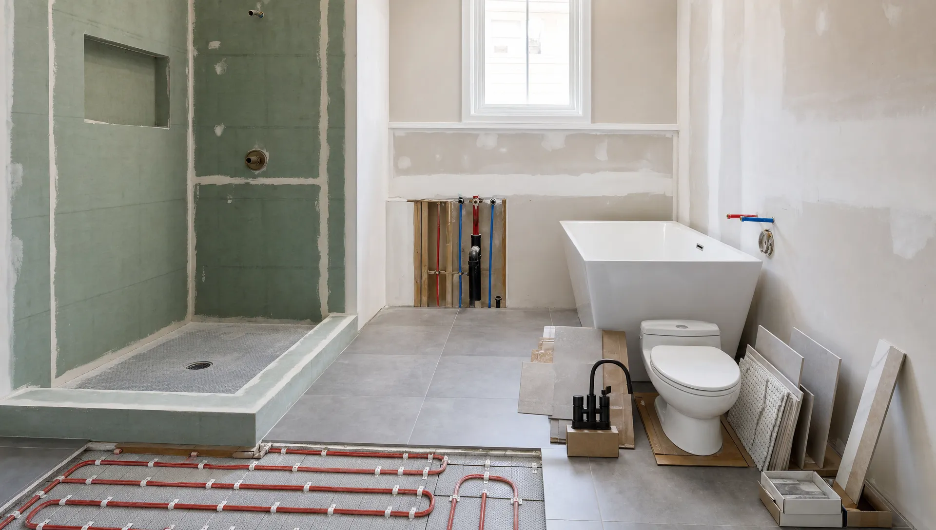 A modern bathroom renovation in progress with exposed plumbing lines, prepared waterproofed walls, tile samples, and neatly arranged fixtures ready for installation.