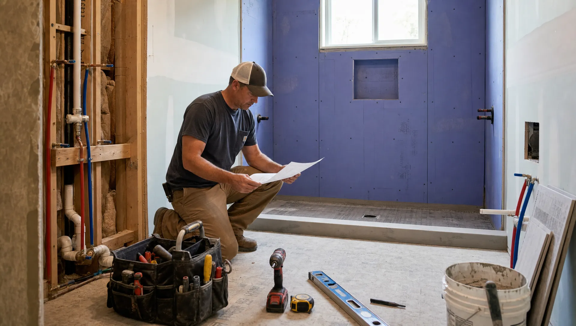 A modern bathroom renovation site with exposed plumbing, waterproofed shower walls, neatly arranged tools, and a contractor reviewing measurements before tiling begins.