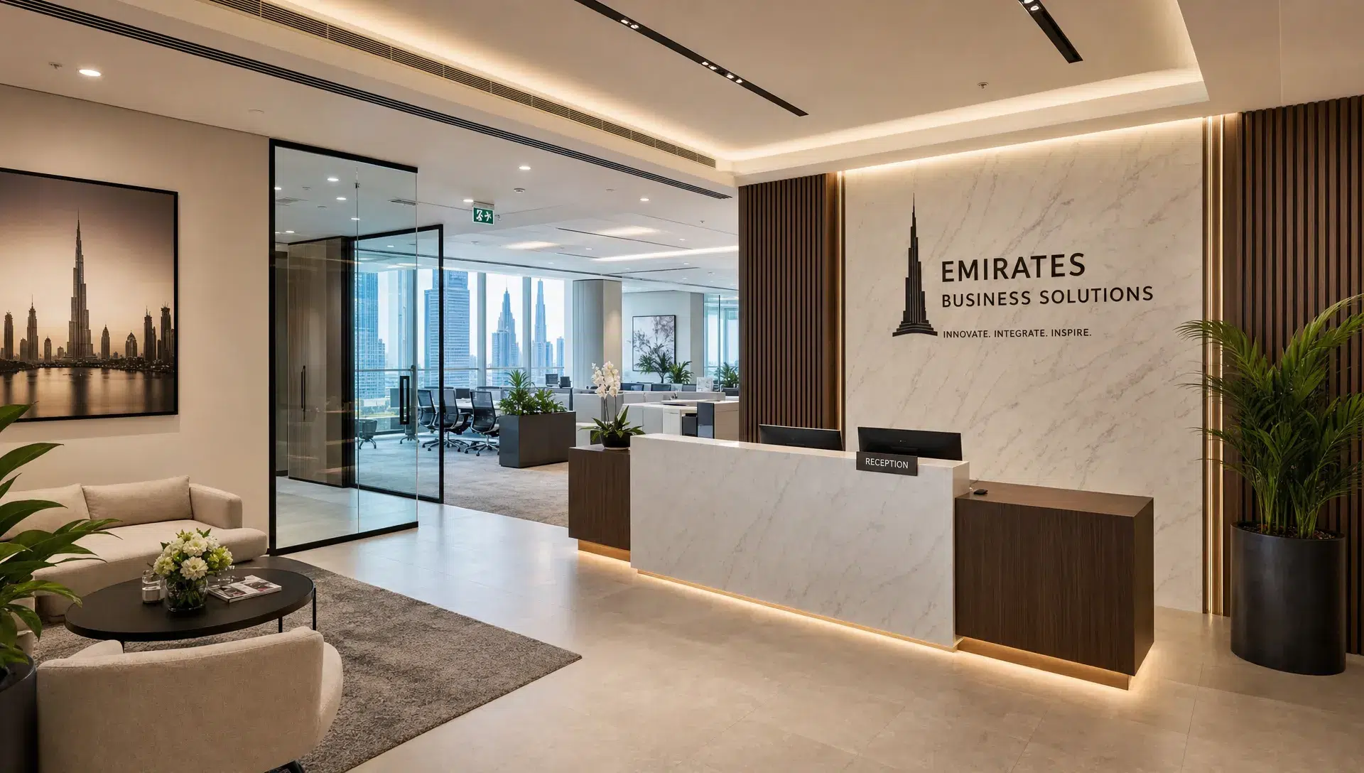 A modern commercial reception area in Dubai with comfortable seating, a branded feature wall, clear circulation from the entrance to the service desk, and a view toward adjacent work zones.