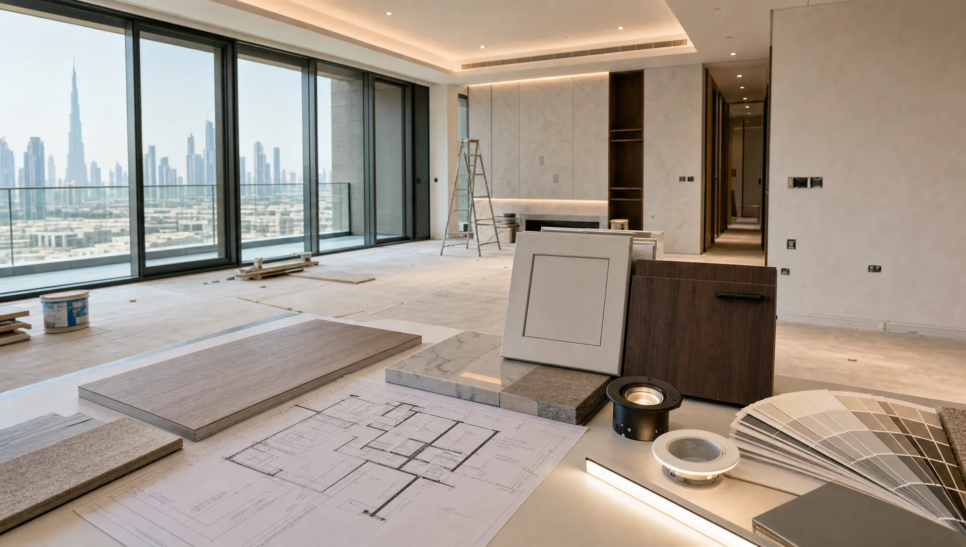 A modern Dubai apartment living area under renovation, showing material samples, floor plans, lighting selections, and custom cabinetry finishes arranged on a table beside a partially finished interior space.