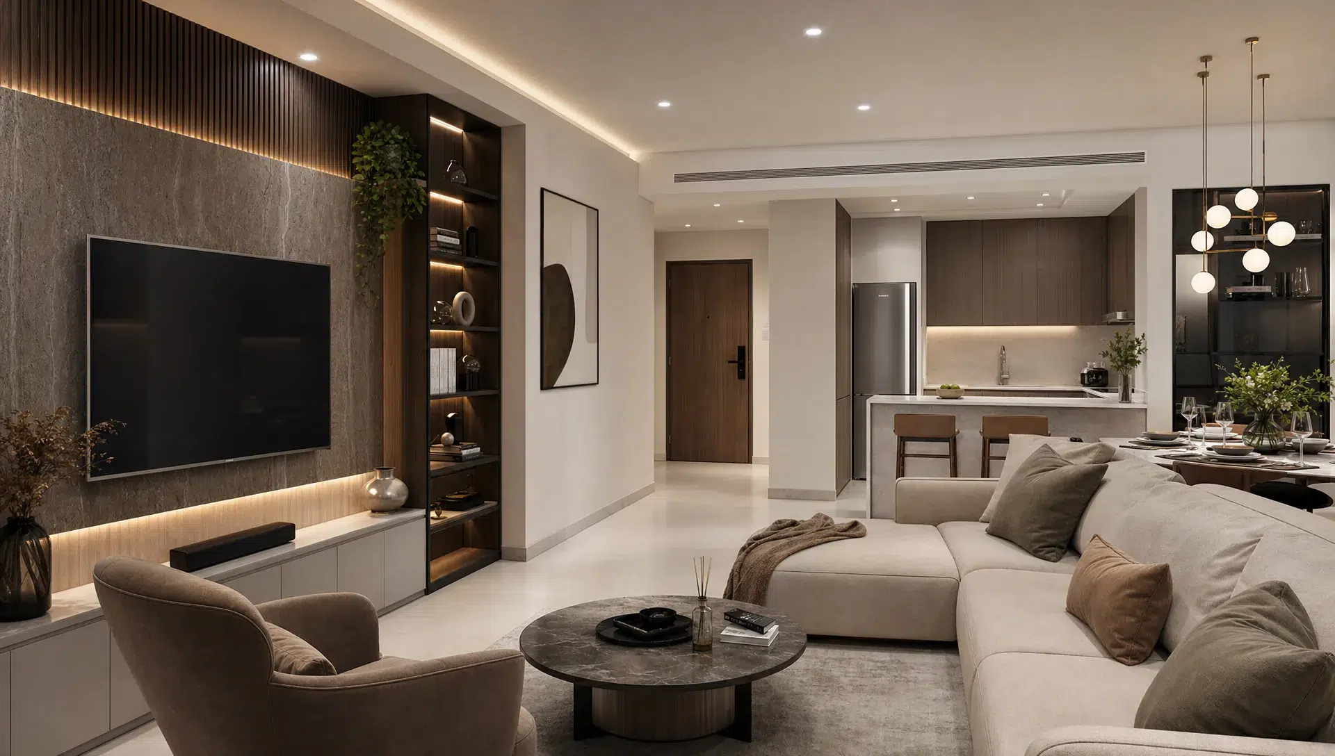 A modern Dubai apartment living area with layered lighting, a textured feature wall, built-in storage, neutral furniture, and an open view toward a refreshed kitchen.