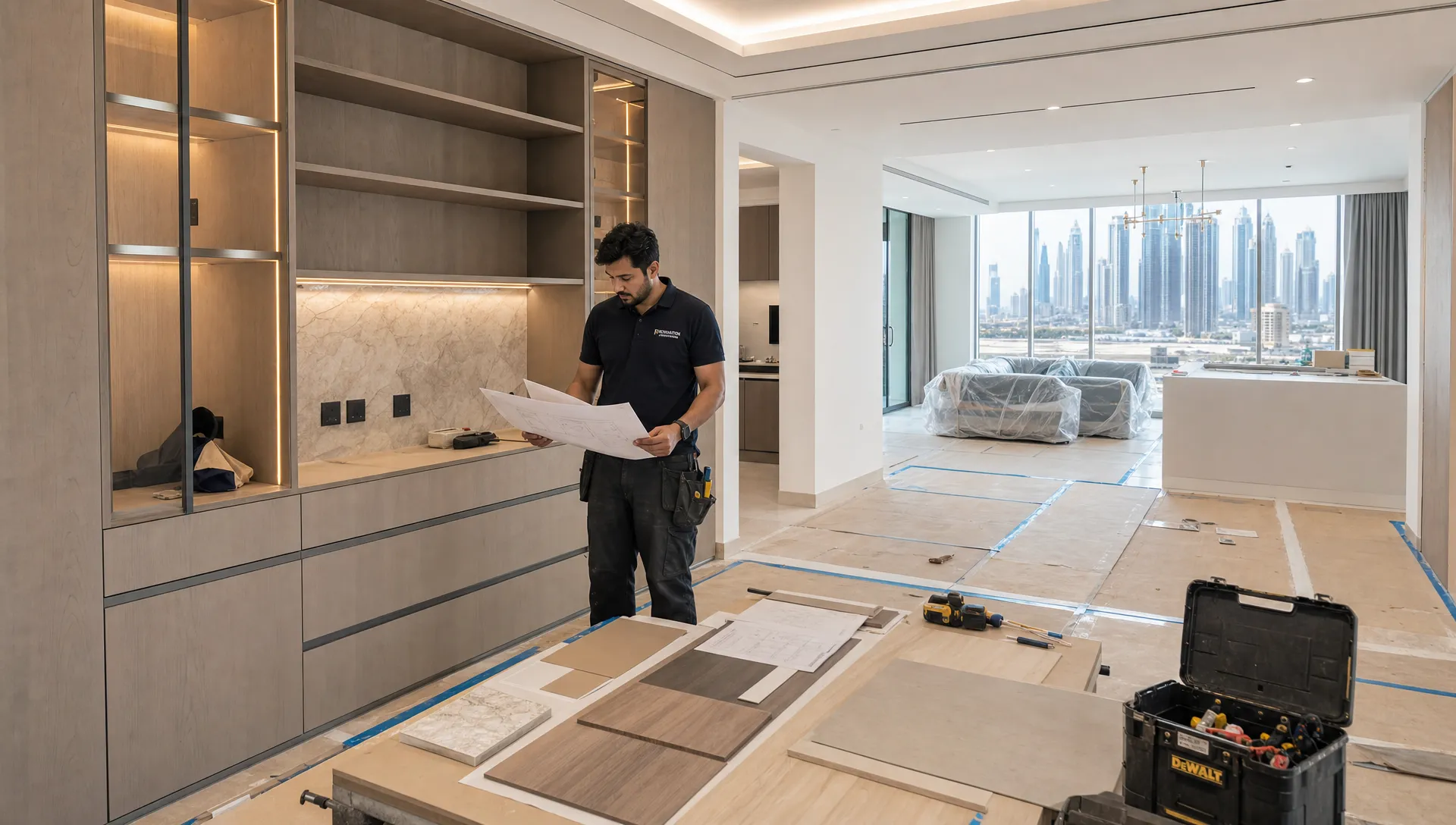 A modern Dubai apartment renovation in progress, showing a contractor reviewing interior plans beside installed custom cabinetry, protected flooring, wall finish samples, and organized tools in a bright open living space.