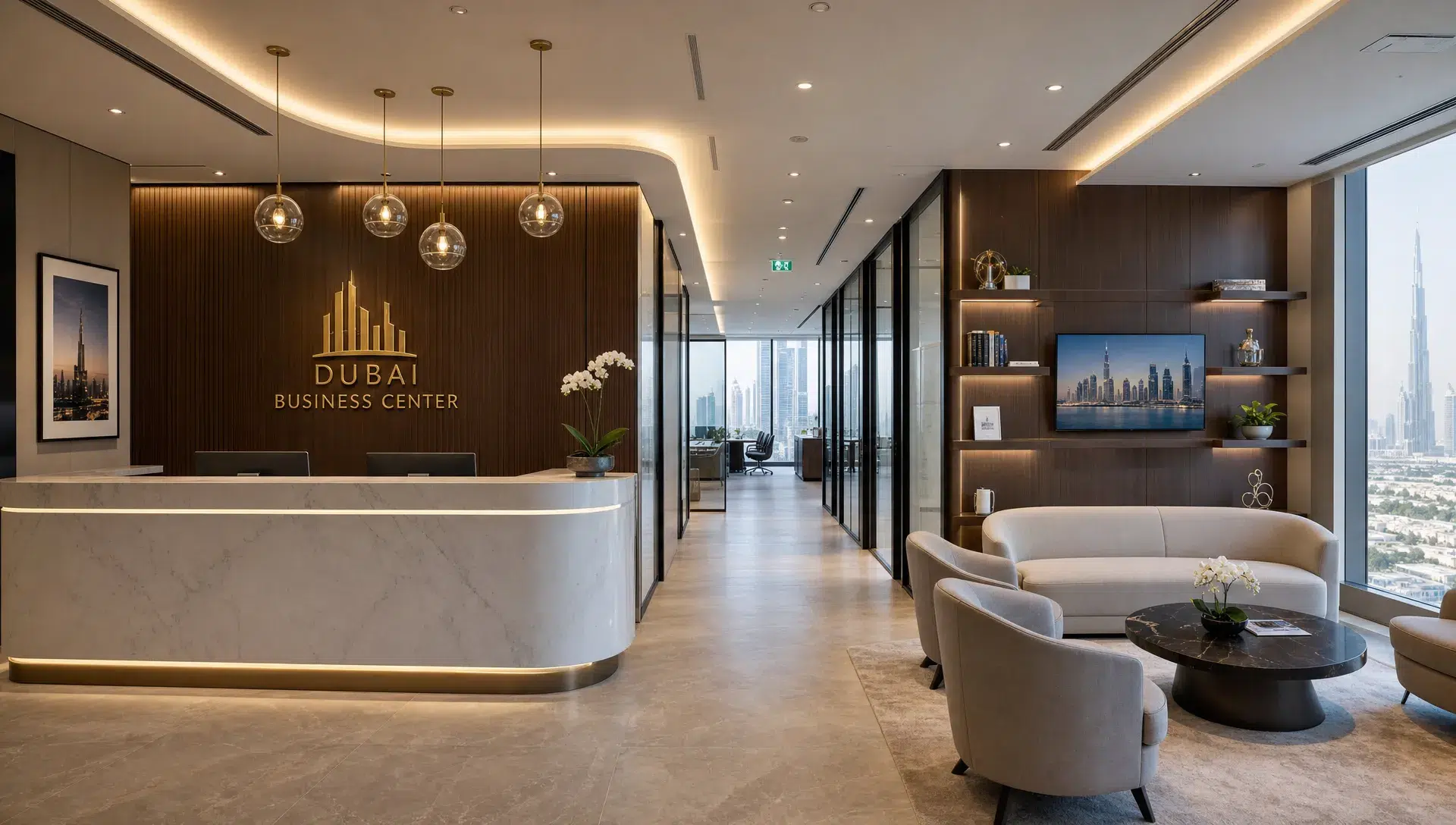 A modern Dubai commercial interior with a refined reception area, layered ceiling lighting, branded wall finishes, custom joinery, comfortable seating, and a clear walkway leading deeper into the business space.