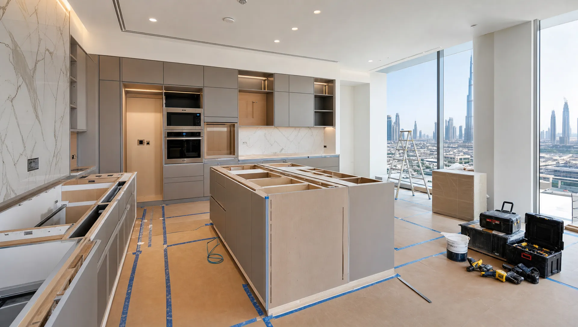 A modern Dubai kitchen renovation in progress, showing covered floors, partially installed cabinets, organized tools, and a clean work area prepared for countertop and lighting installation.