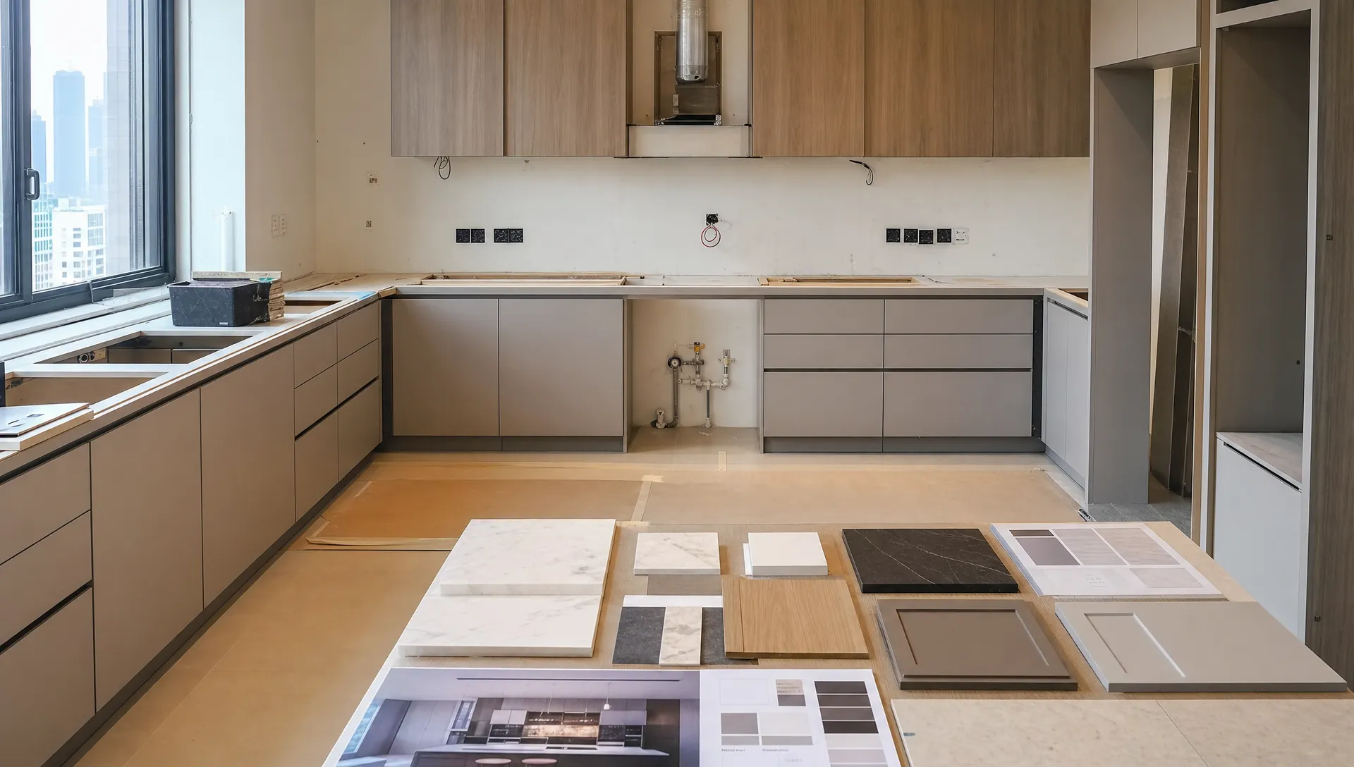 A modern Dubai kitchen renovation in progress, showing installed base cabinets, countertop samples, electrical points, plumbing lines, and material boards arranged neatly for planning decisions.