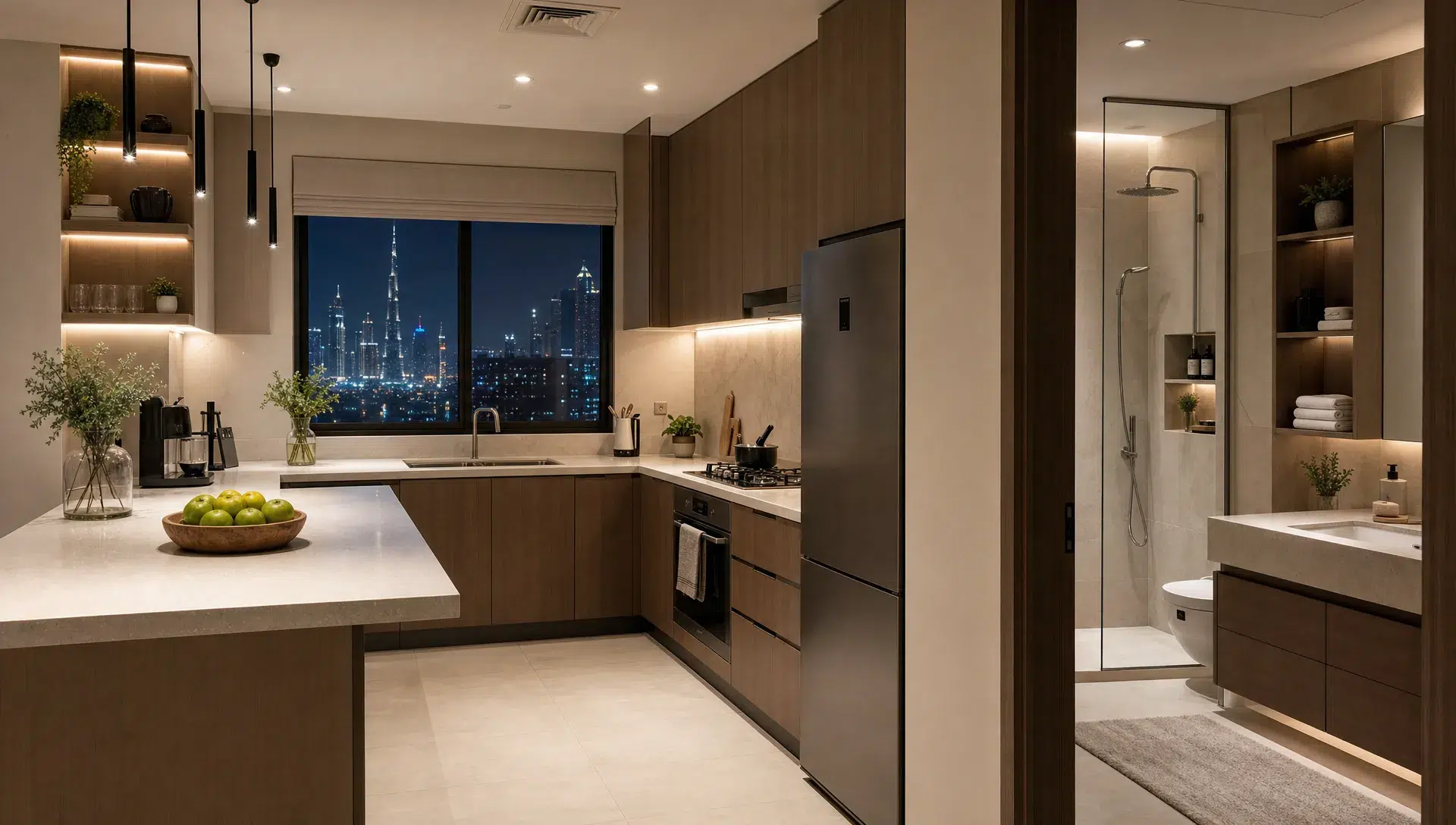 A modern Dubai kitchen with warm cabinet finishes, practical countertop space, and soft layered lighting, paired with a nearby bathroom view that shows a walk-in shower and organized built-in storage.