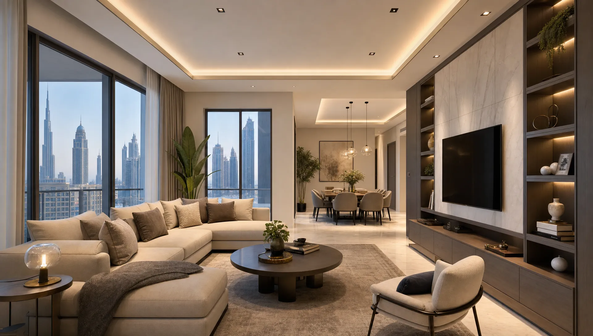 A modern Dubai living room with built-in storage, layered lighting, a comfortable seating area, and a connected dining space designed for easy daily movement.
