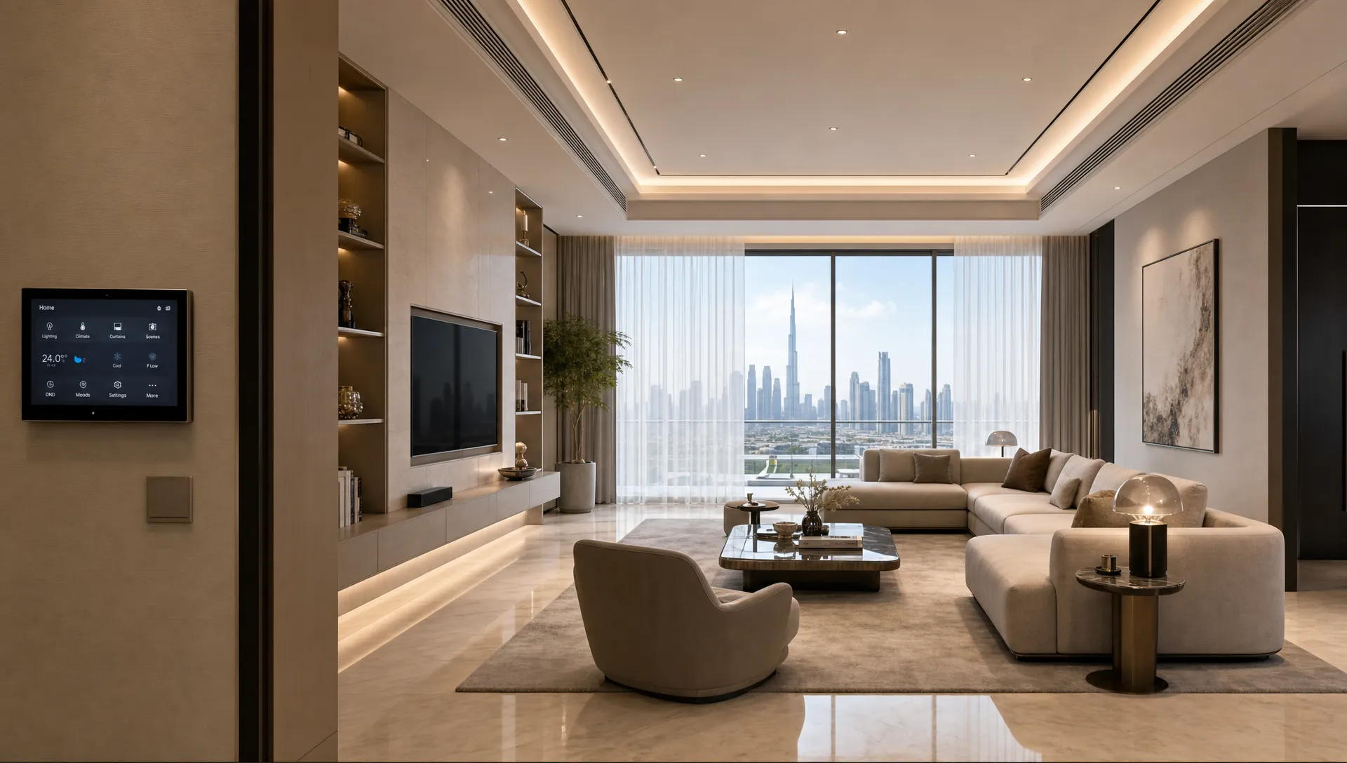 A modern Dubai living room with layered ceiling lighting, built-in joinery, concealed air-conditioning vents, motorized sheer curtains, and a smart control keypad near the entrance.