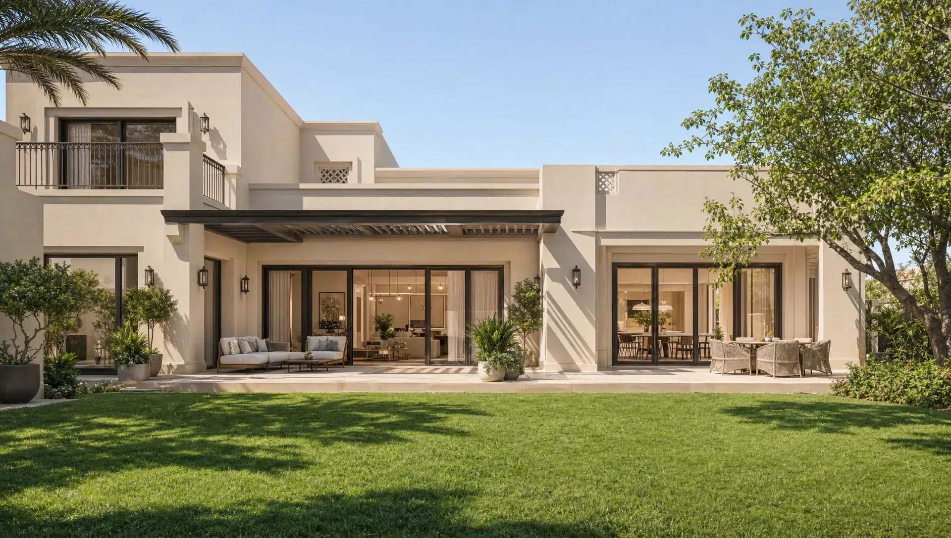 A modern Dubai villa from the garden side with a seamless rear addition, matching exterior finishes, large glass doors, and a shaded terrace that connects the original living area to the new space with continuous flooring.