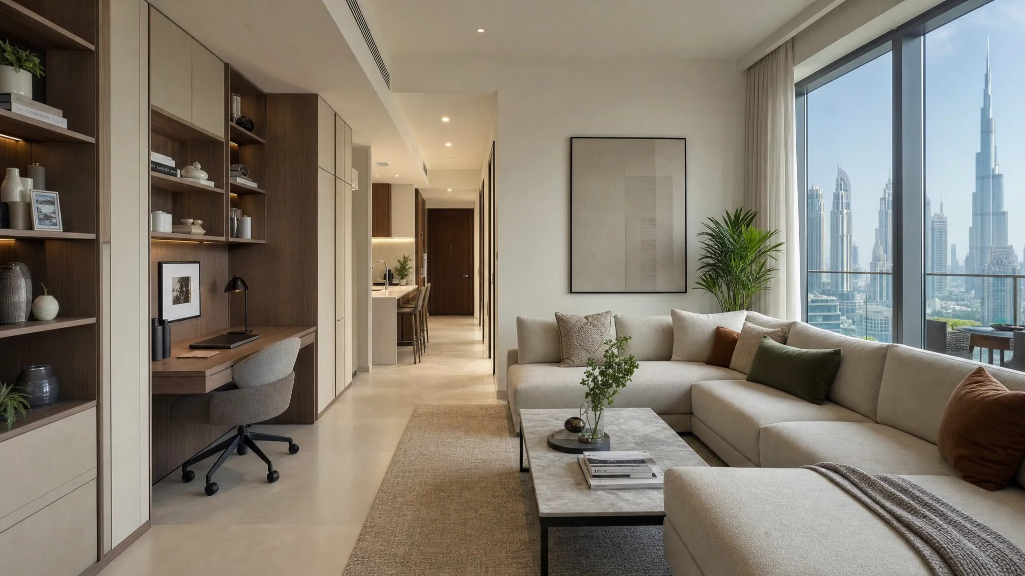 A modern open-plan Dubai living area with built-in storage, a compact work nook, a clear walkway to the kitchen, and a seating area arranged for easy daily movement.