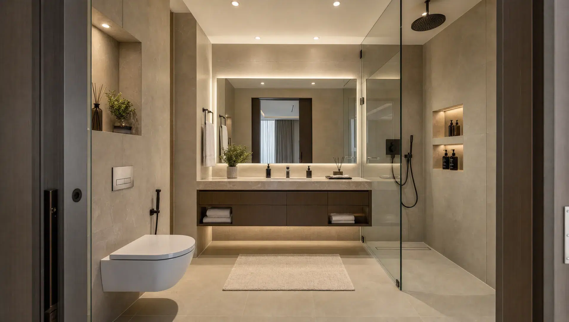A modern remodeled bathroom in a Dubai home with neutral stone-look tiles, a floating vanity, glass shower enclosure, recessed lighting, and neatly integrated storage, shown from the doorway with the full layout visible.