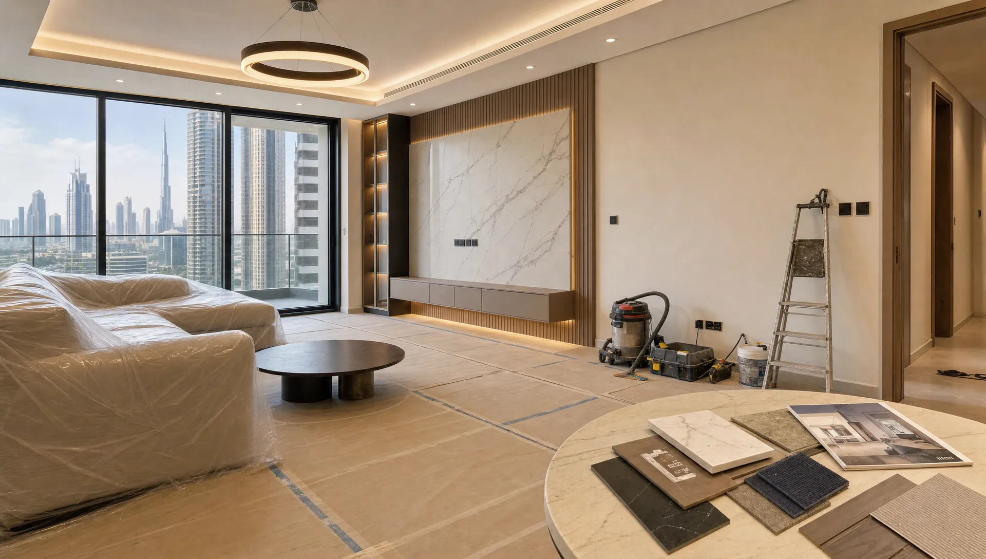 A renovated Dubai living room with modern finishes, protected flooring during final works, material samples on a side table, and renovation tools neatly arranged near the wall.