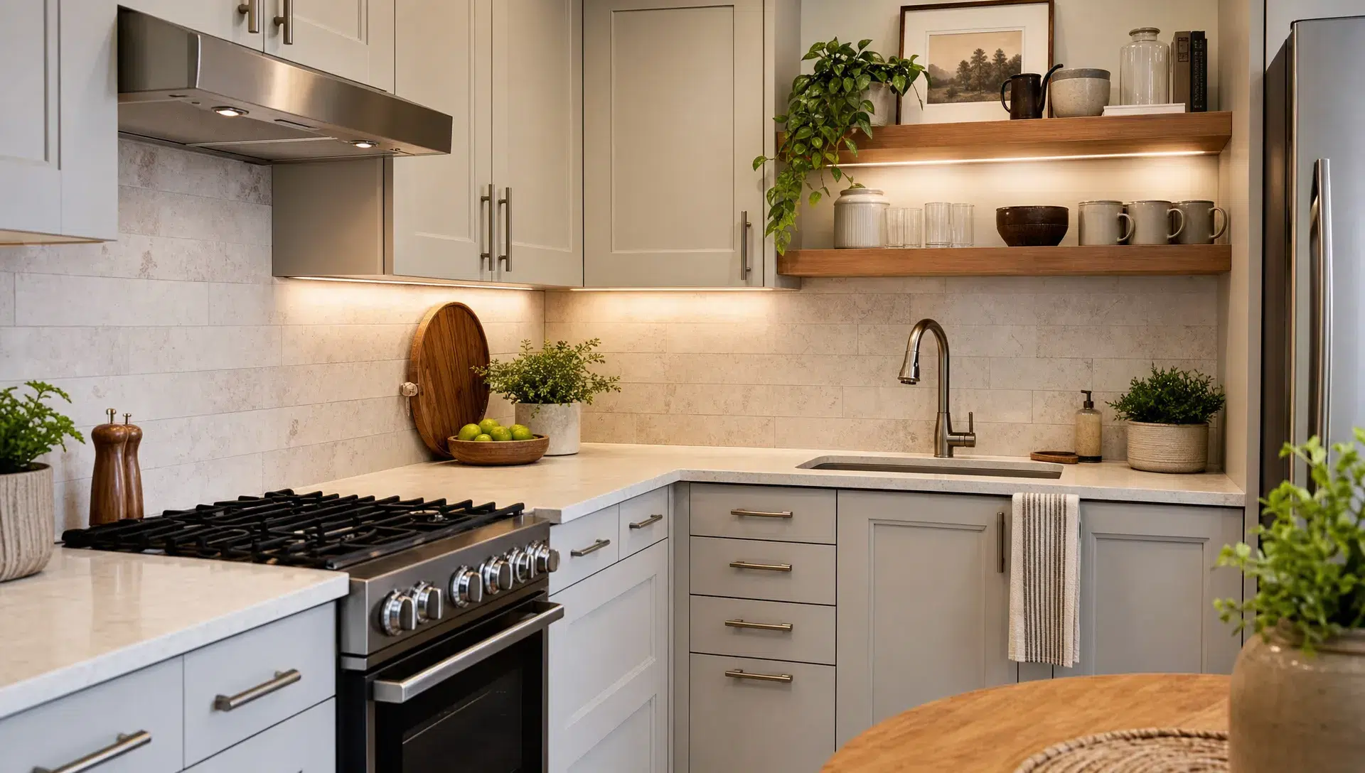 A stylish compact kitchen with light neutral cabinets, warm under-cabinet lighting, a simple stone-look backsplash, brushed metal handles, and organized open shelving that makes the space feel modern on a budget. Seen from a slightly angled corner view, with the shelving and counter area taking focus.