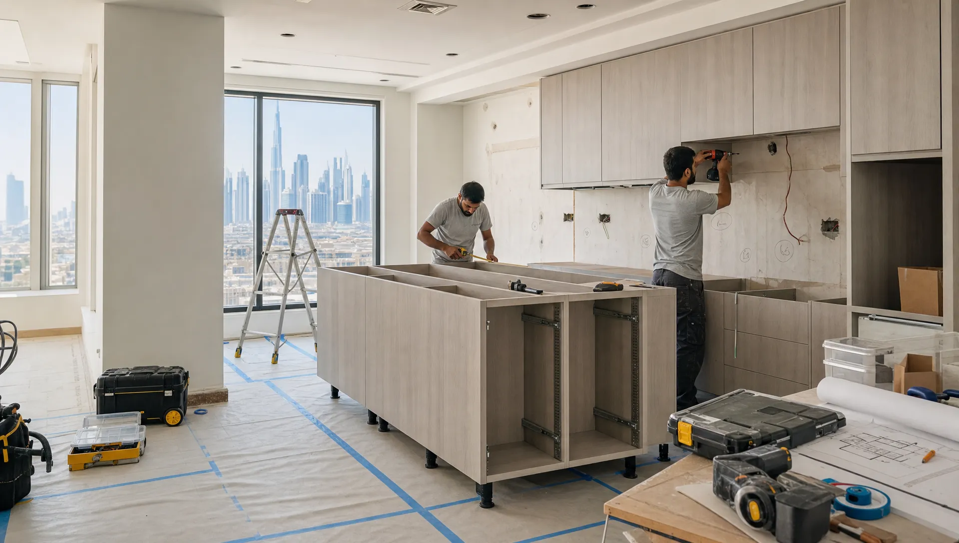 A bright Dubai kitchen mid-renovation with protected flooring, organized tools, prepared walls, and new cabinetry being carefully installed.