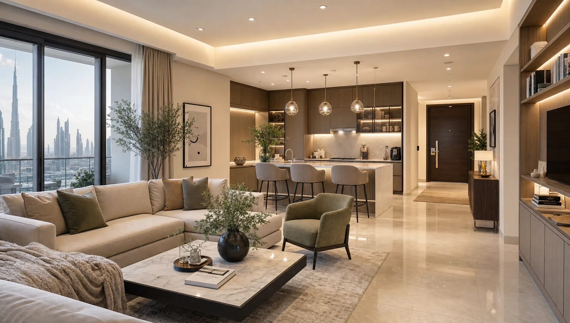 A bright Dubai living room connected to a modern kitchen, with layered lighting, built-in storage, clean flooring and a welcoming entrance area in the background.