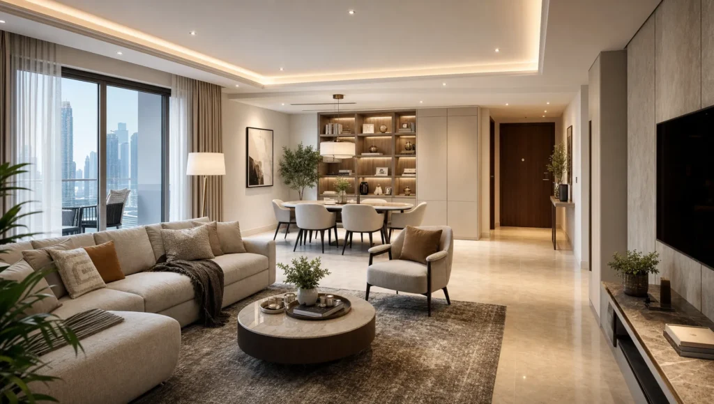 A Dubai apartment living area shows better flow, built-in storage, and a connected dining nook after renovation.