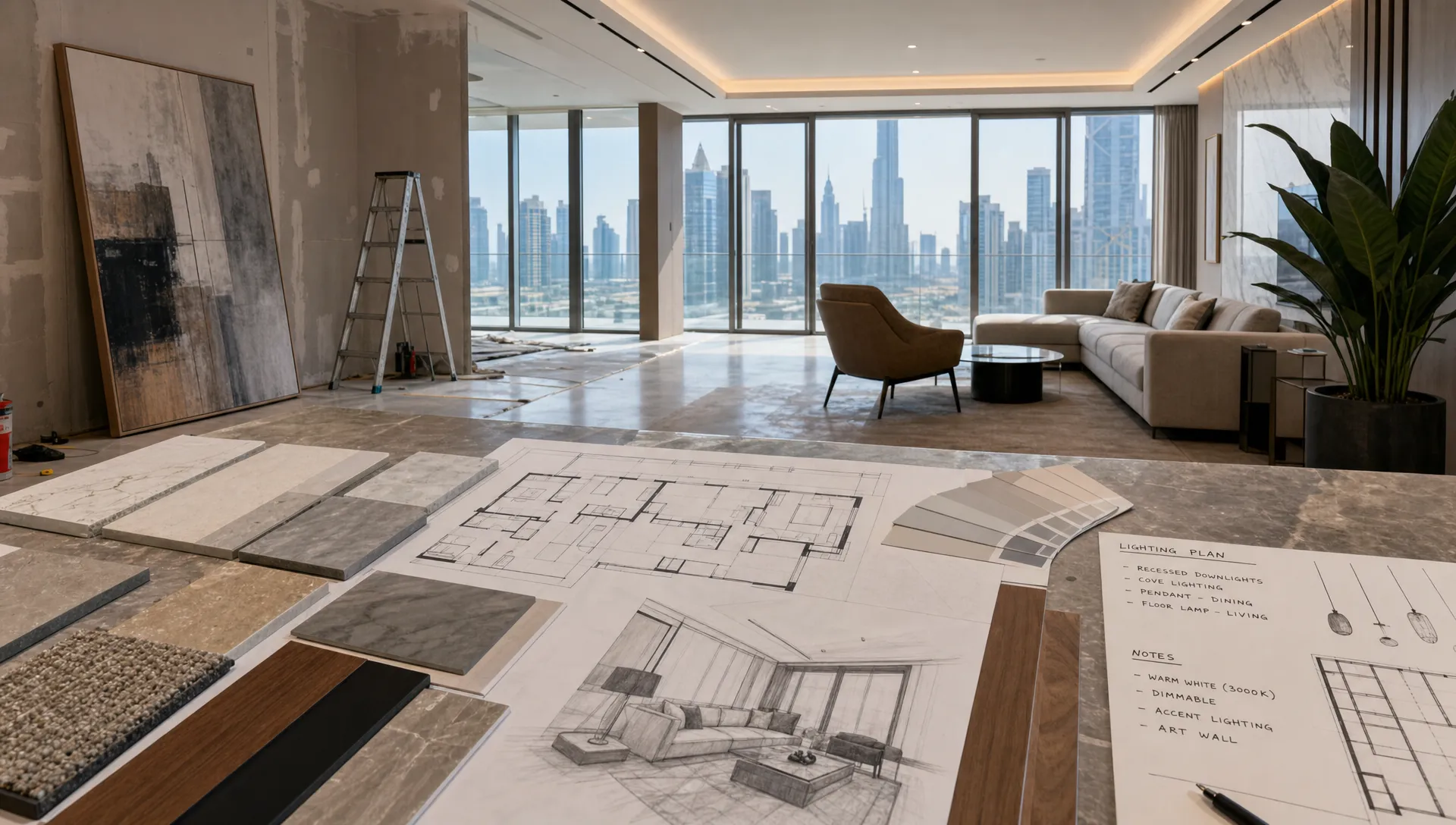 A Dubai apartment living room during renovation planning, with material samples, floor plans, lighting notes, and furniture sketches on a table.