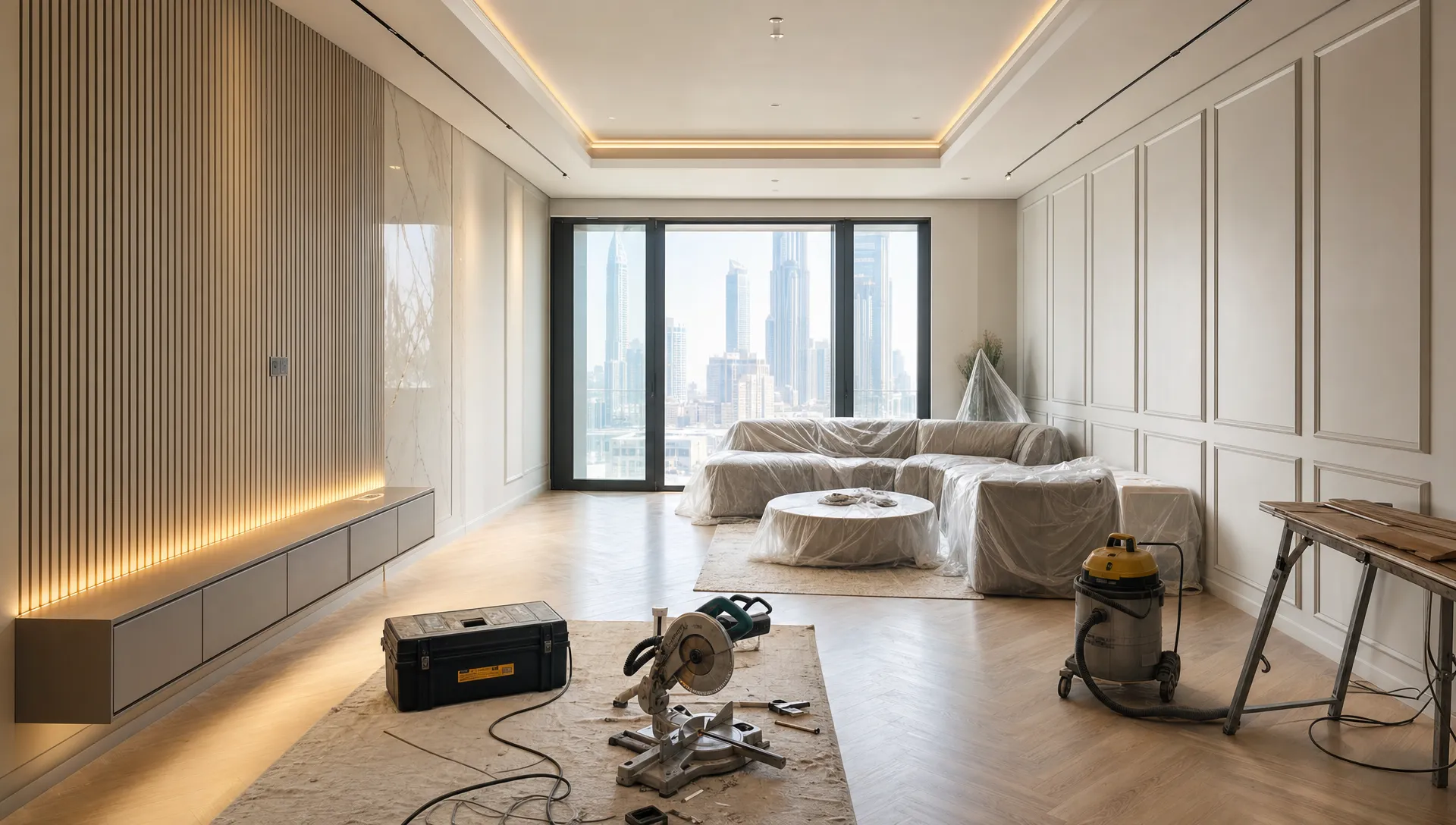 A Dubai apartment living room under renovation shows finished flooring, fresh wall panels, protected furniture, organized tools, and a clean work area in progress.