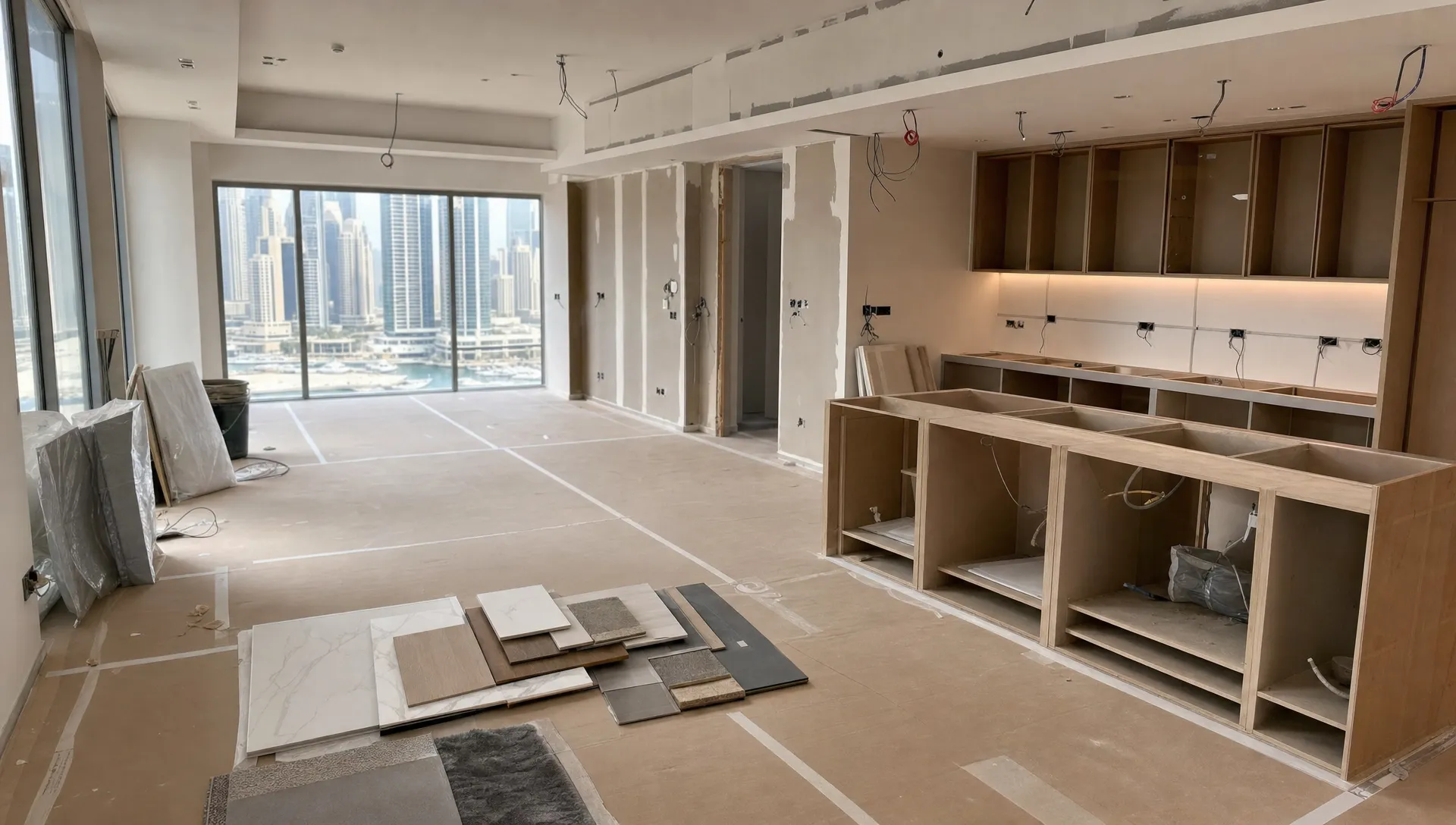 A Dubai apartment remodel shows protected floors, unfinished cabinetry, exposed wiring, and neatly arranged material samples.