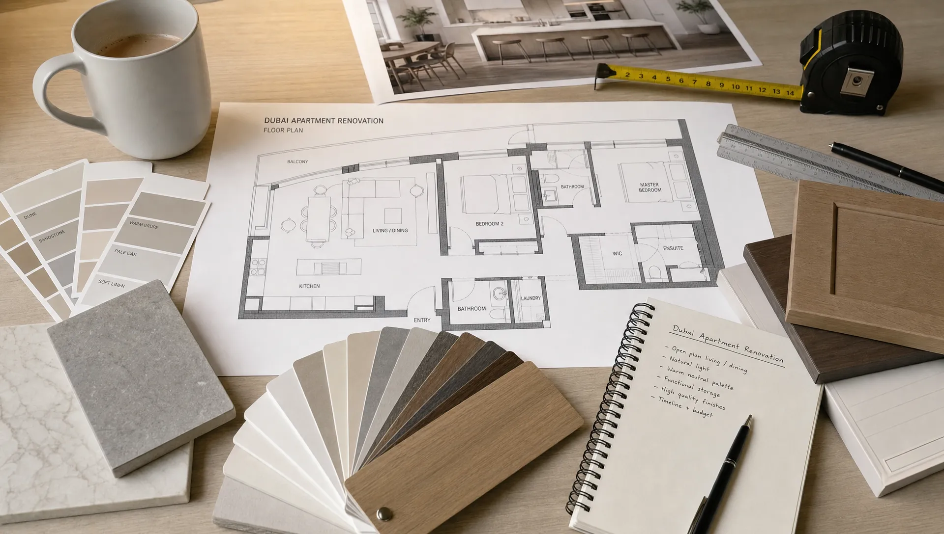 A Dubai apartment renovation planning scene with floor plans, material samples, paint swatches, cabinet finish samples, measuring tools, and a notebook arranged on a table.