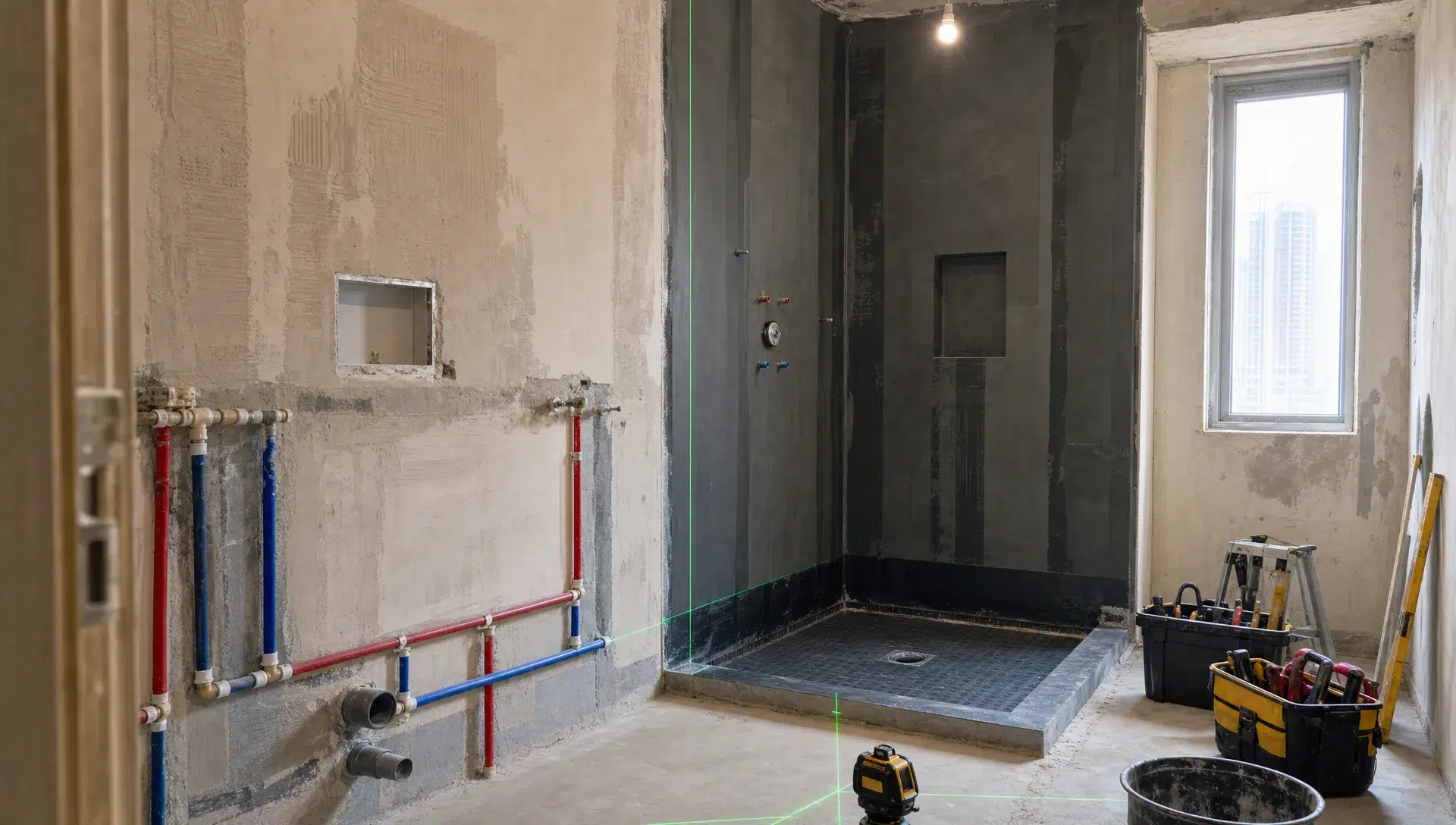 A Dubai bathroom renovation in progress showing exposed plumbing lines, a prepared shower floor, waterproofed wall areas, and neatly organized tools before tile installation.