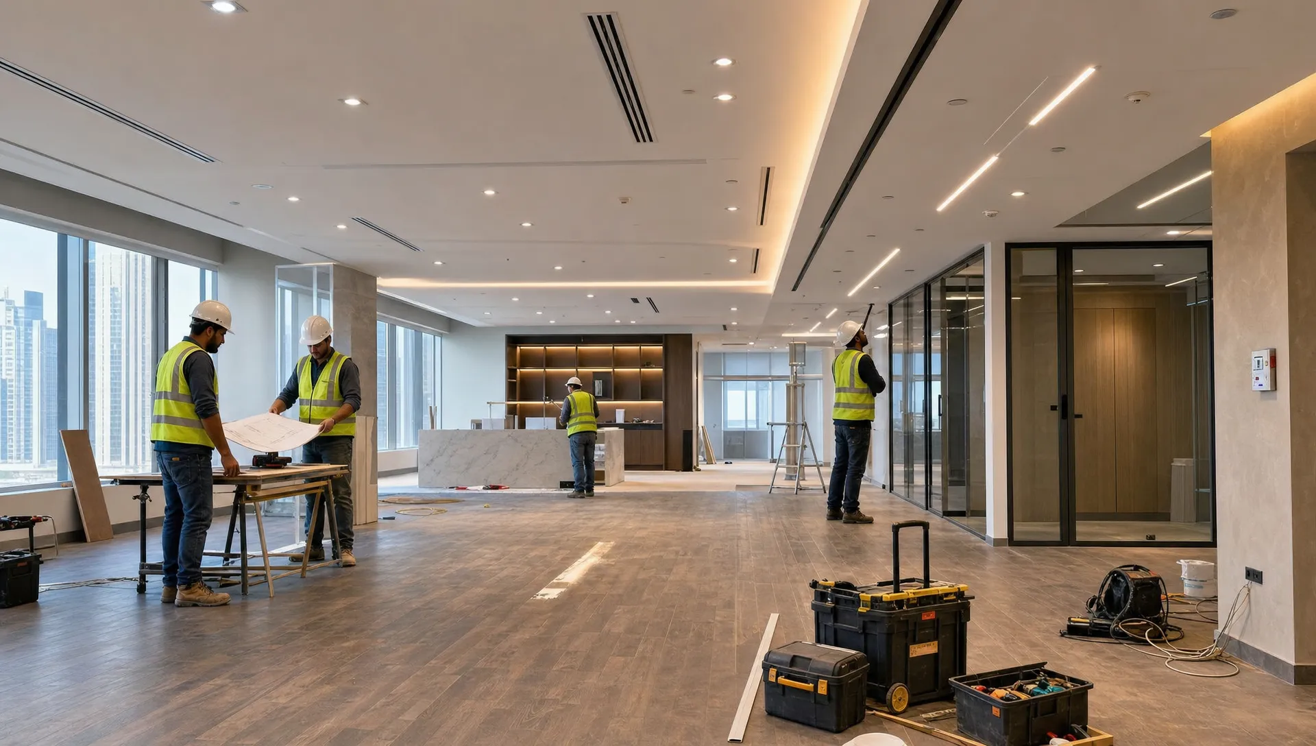 A Dubai commercial renovation site shows finished flooring, ceiling lights, organized tools and workers coordinating upgrades in an open-plan business space.