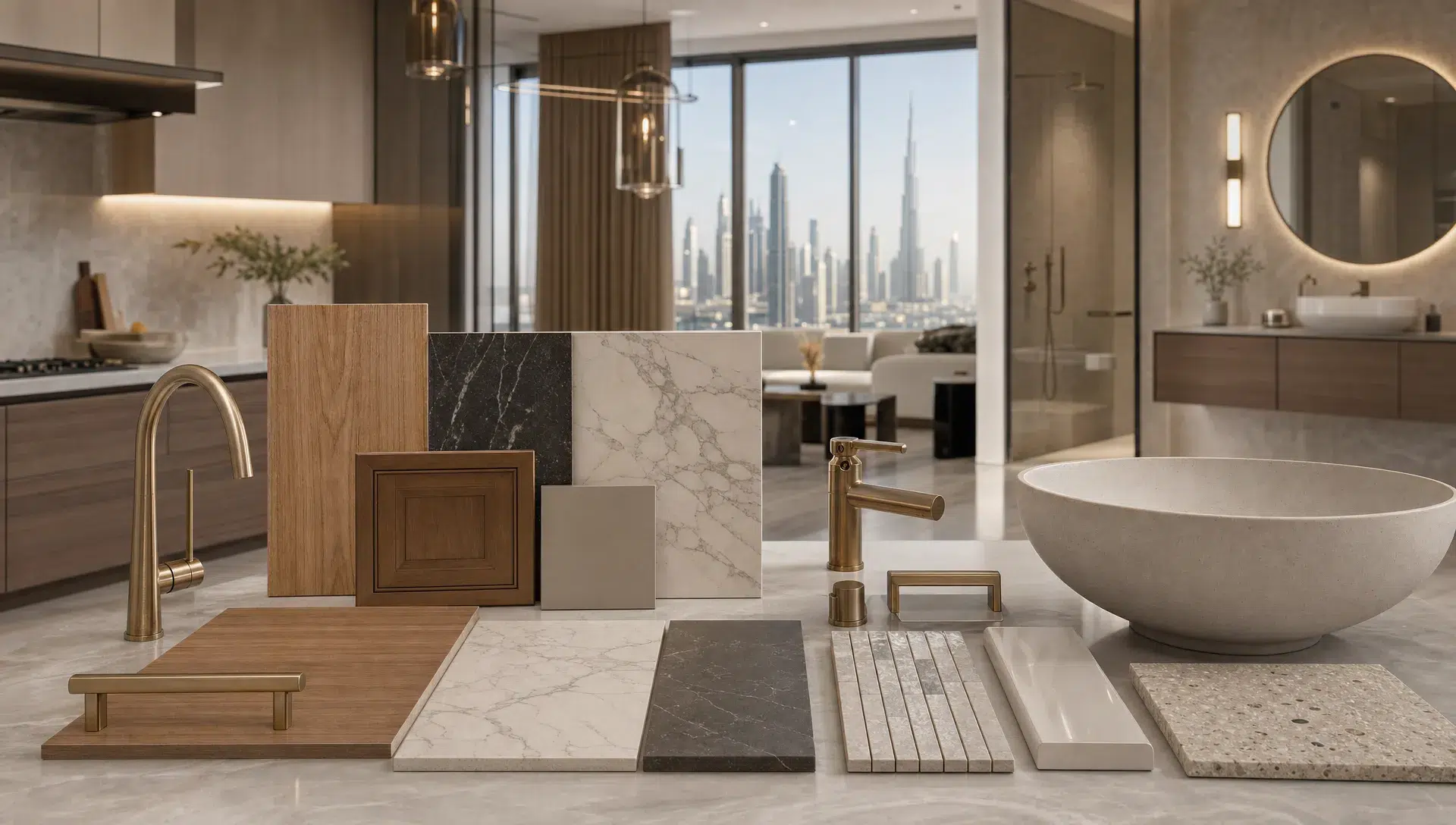 A Dubai interior shows matching kitchen and bathroom samples with wood, stone, and metal finishes on one table.