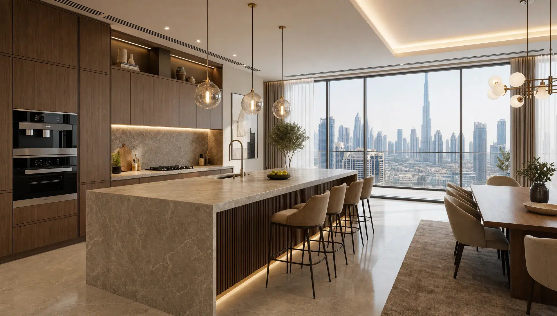 A Dubai kitchen with a large stone island, warm wood cabinetry, integrated appliances, and a dining area nearby.