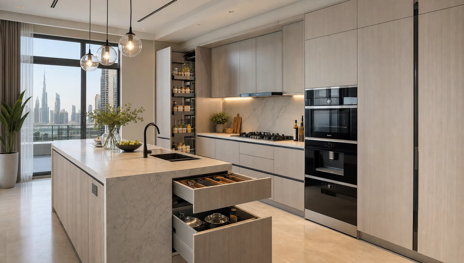 A Dubai kitchen with fitted cabinetry, an island, integrated appliances, and open storage drawers arranged for daily use.