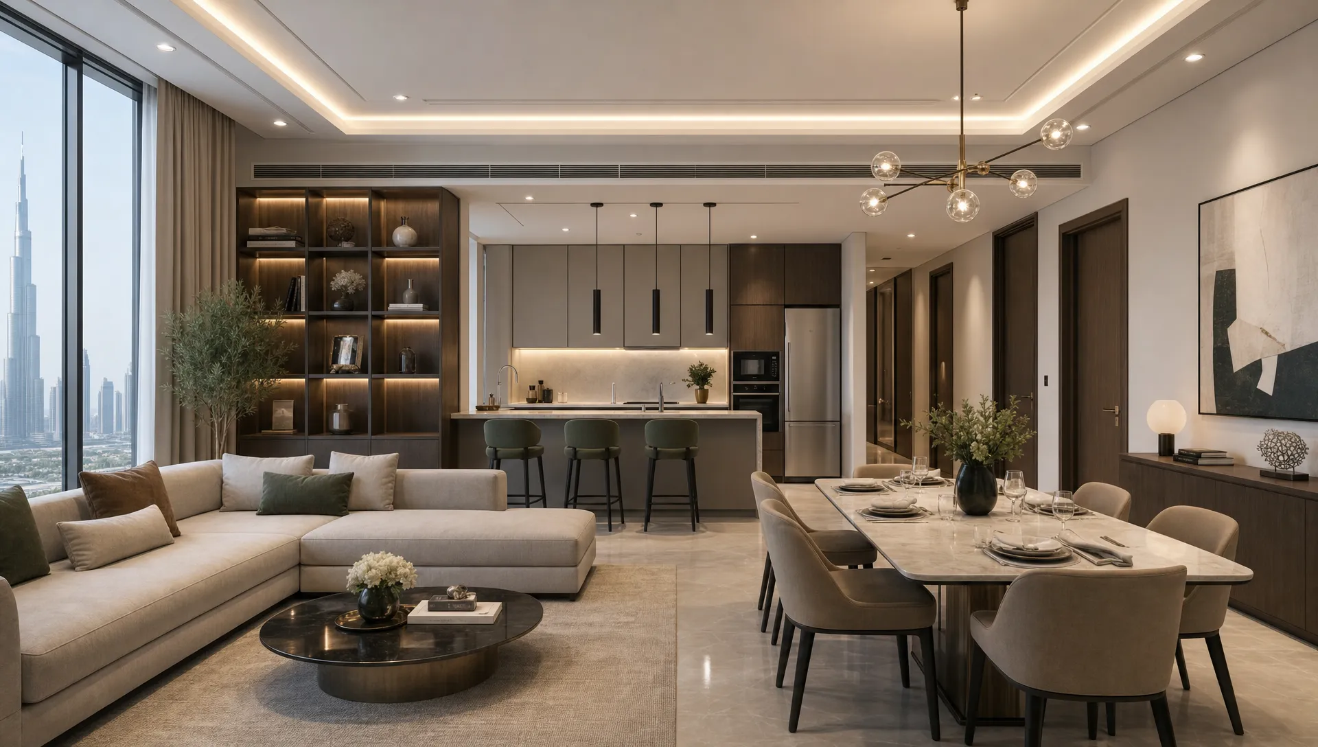 A Dubai living and dining area with built-in storage, ceiling lighting, and a modern kitchen in the background.