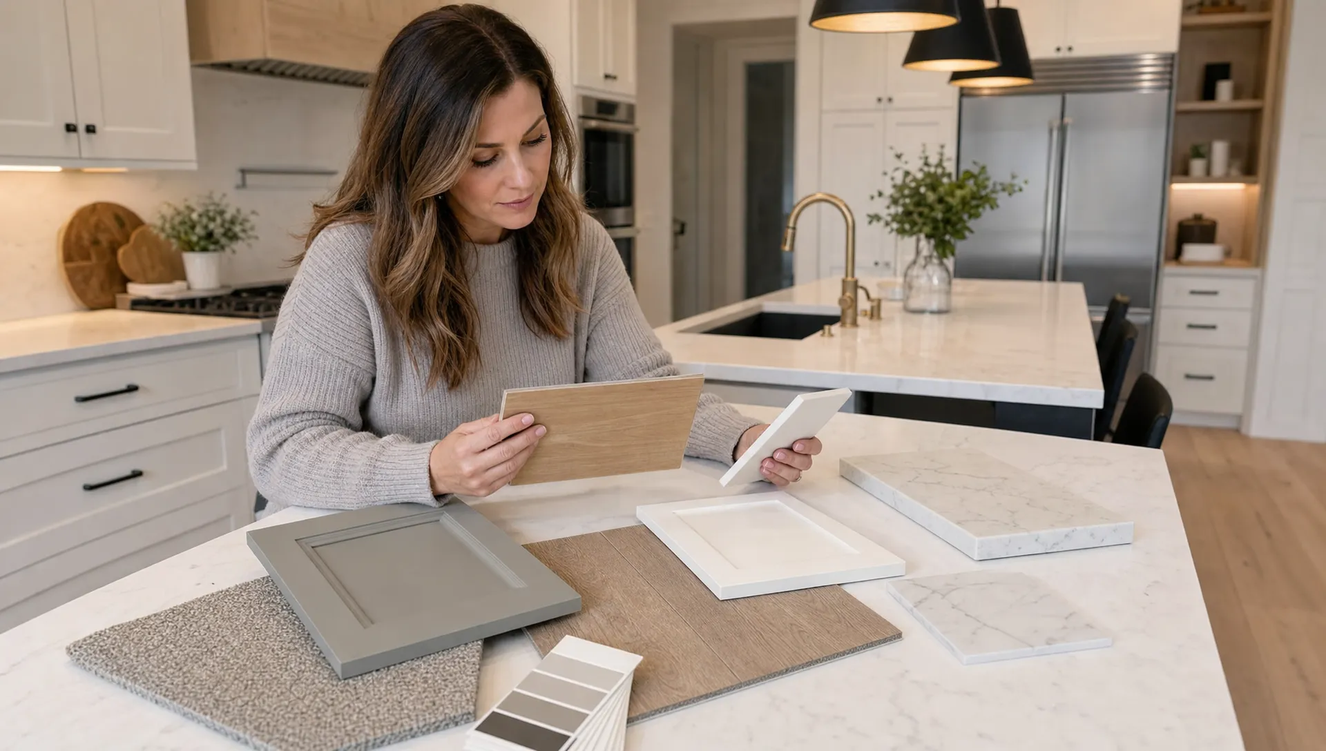 A homeowner reviewing material samples for flooring, cabinetry, wall finishes, and countertops on a clean table, with a bright modern kitchen in the background.