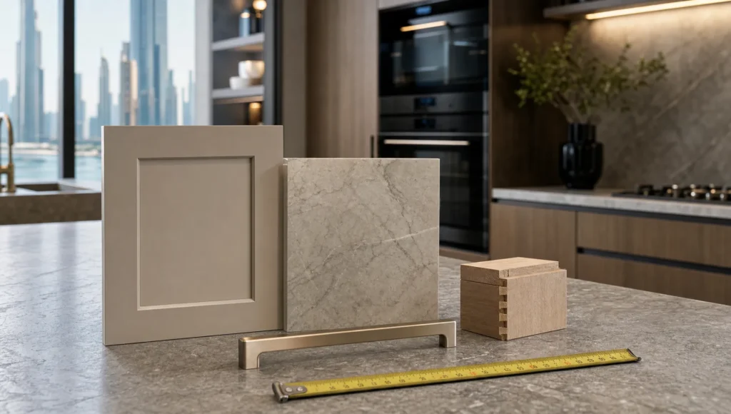 A kitchen material sample set on a stone counter suggests a timeless luxury remodel in Dubai.