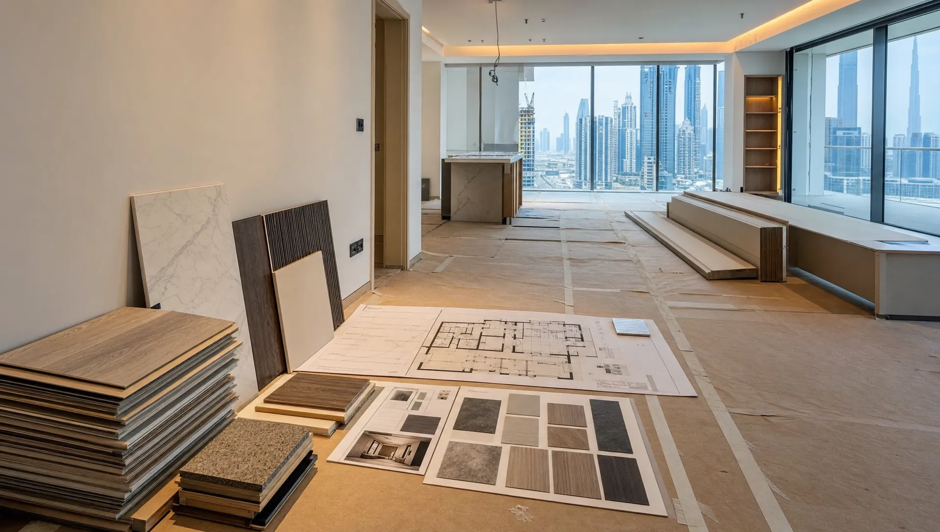 A modern Dubai apartment interior under renovation, showing an open living area with protected floors, stacked flooring samples, wall finish boards, lighting plans, and custom joinery pieces arranged neatly for a coordinated remodeling and renovation project.