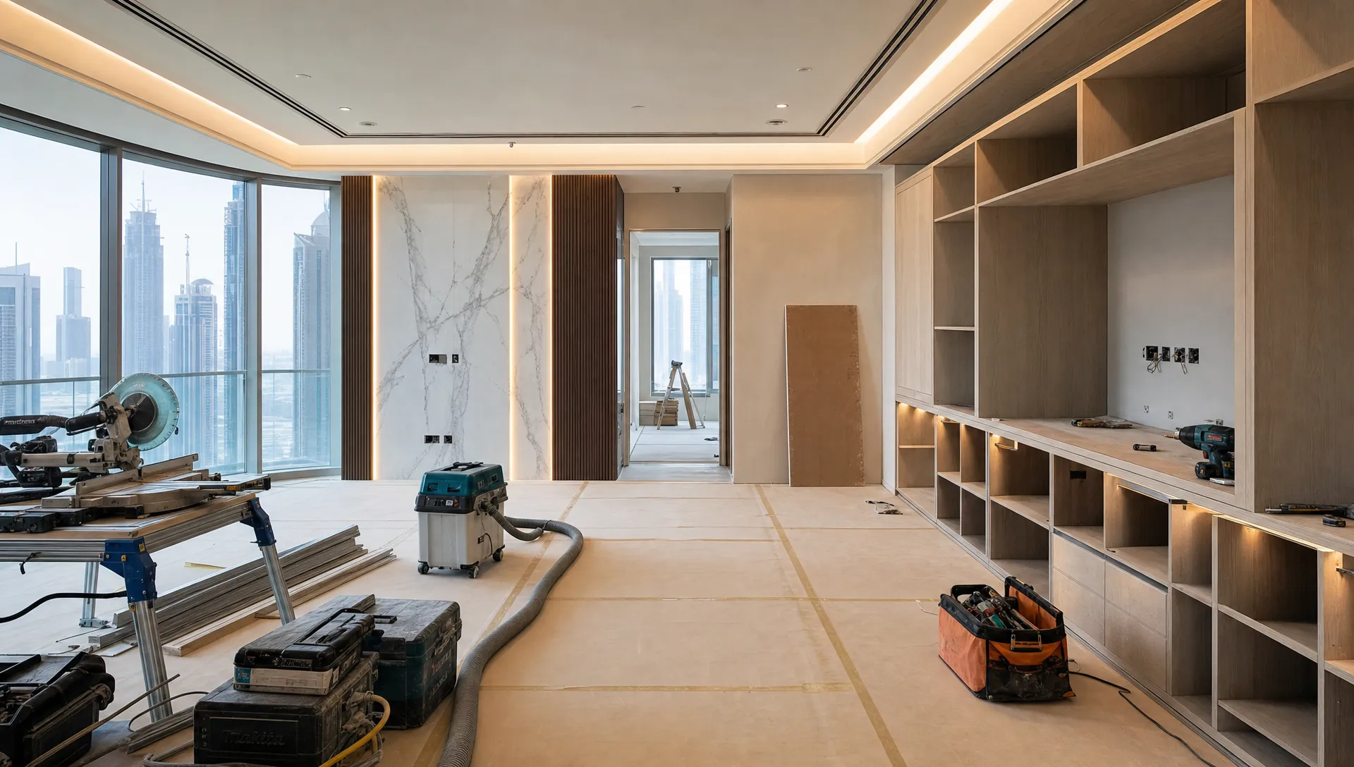 A modern Dubai apartment renovation in progress, showing protected flooring, neatly arranged tools, unfinished custom cabinetry, and a clean work area with premium wall finishes being prepared.