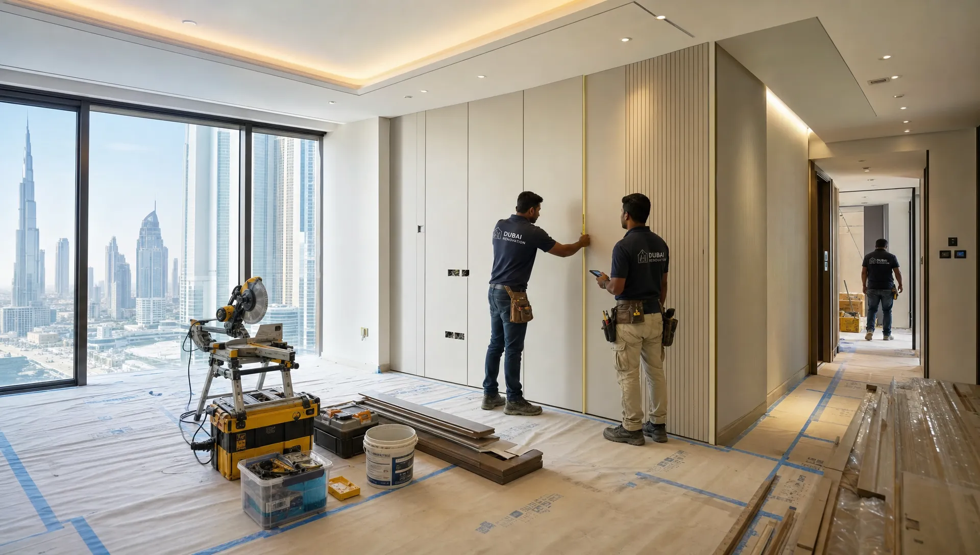 A modern Dubai apartment renovation in progress, showing neatly prepared walls, protected flooring, organized tools, and skilled tradespeople checking measurements before installing premium interior finishes.