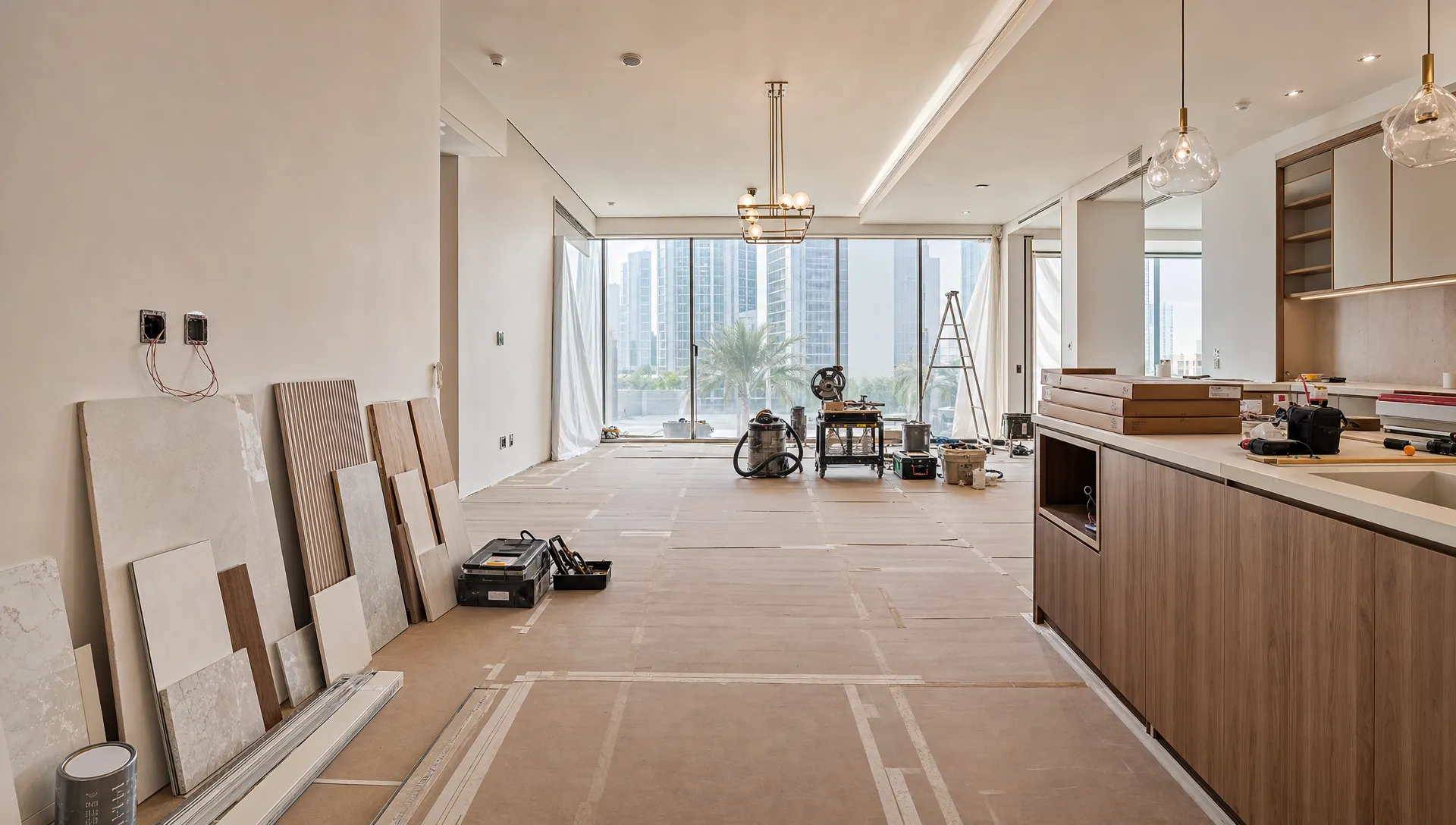 A modern Dubai home renovation in progress with protected flooring, organized tools, wall finish samples, cabinetry materials, and natural light entering an open living space.