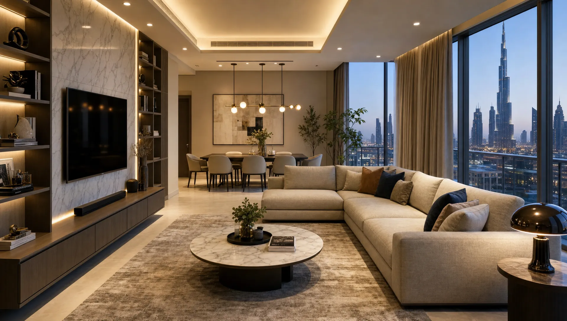 A modern Dubai living room with built-in storage, layered lighting, and a zoned seating area connected to an open dining space.