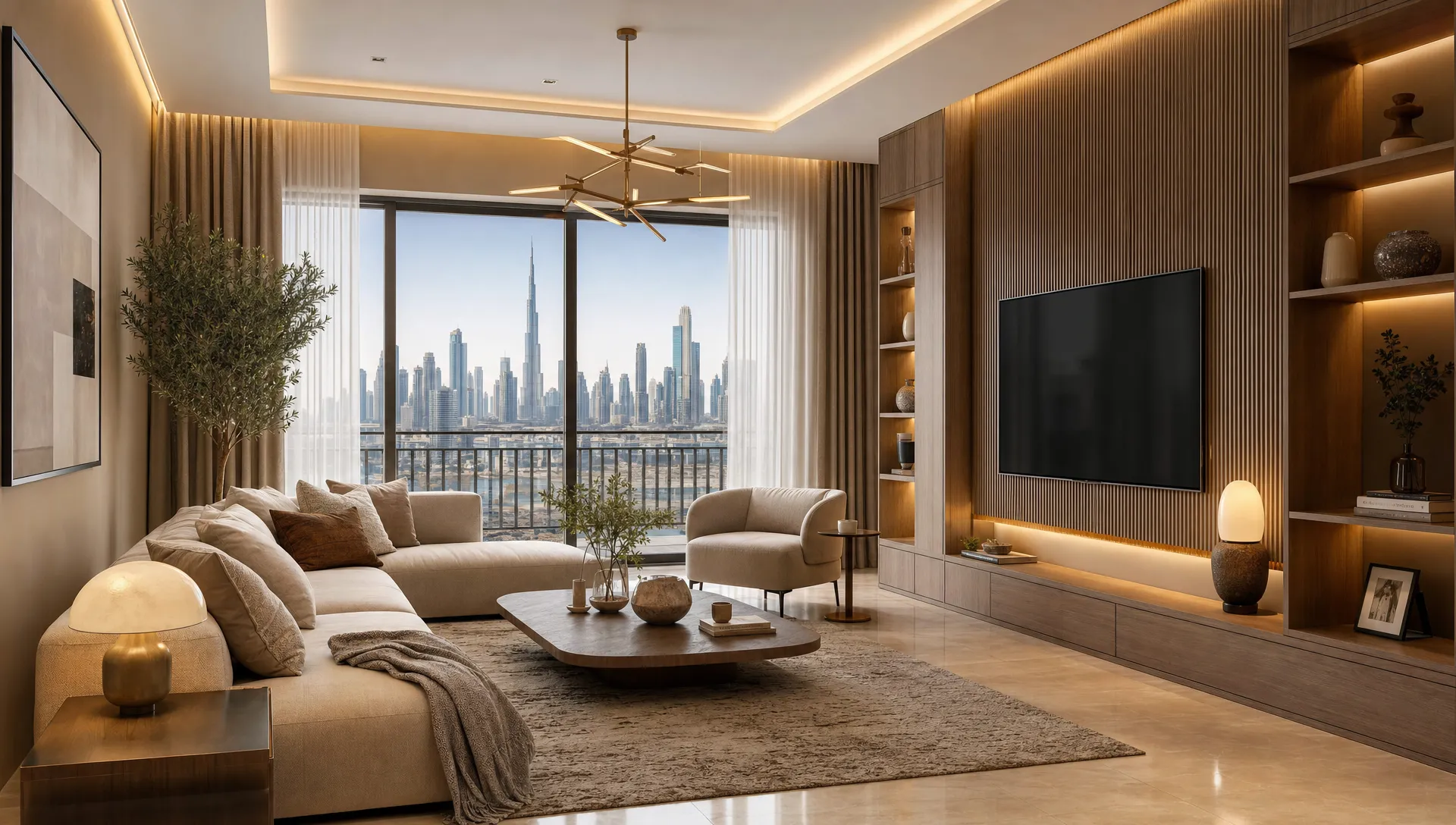 A modern Dubai living room with warm neutral walls, layered lighting, built-in storage, a textured media wall, soft curtains, and natural wood accents creating a calm and elegant interior.
