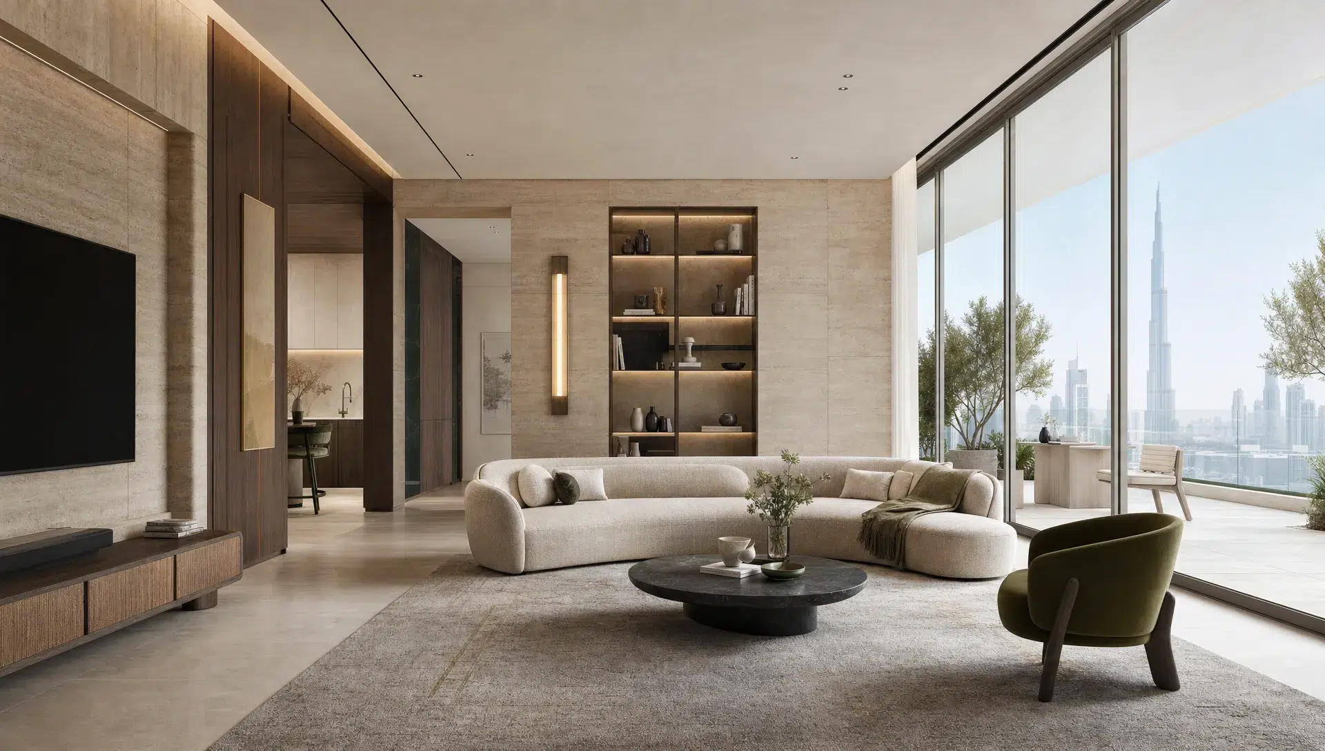 A modern Dubai living room with warm stone walls, a curved sofa, custom joinery and glass doors opening to a terrace.