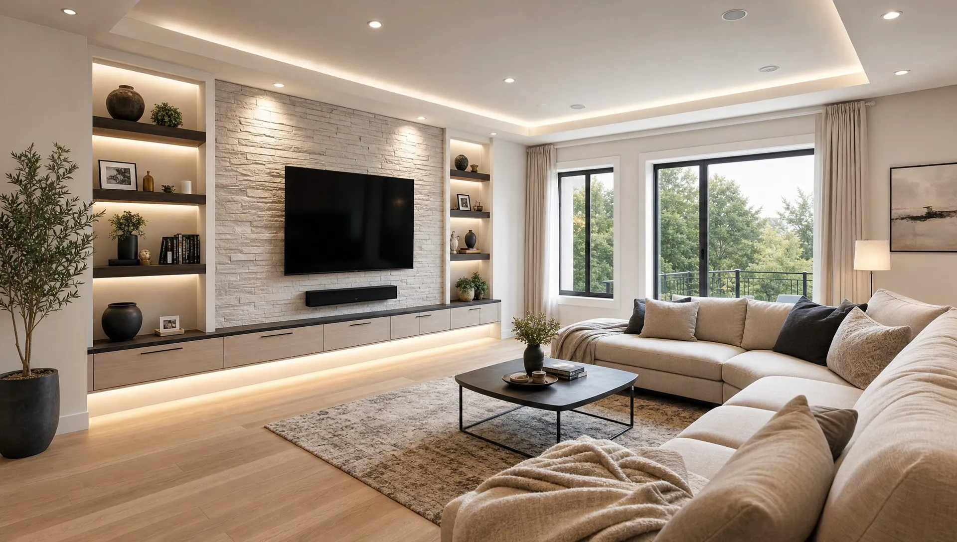 A modern living room after an interior design transformation, with layered lighting, a textured feature wall, built in storage, neutral furniture, and a clean open layout that feels brighter and more organized.