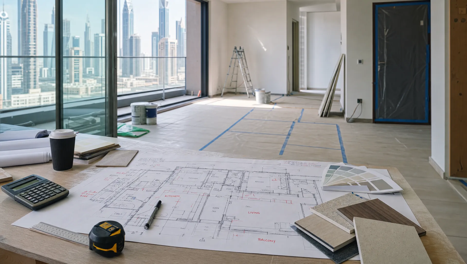 A neatly organized construction renovation planning scene inside a Dubai apartment, showing marked floor plans on a table, material samples, measuring tools, protective floor covering, and a partially prepared interior space in the background.