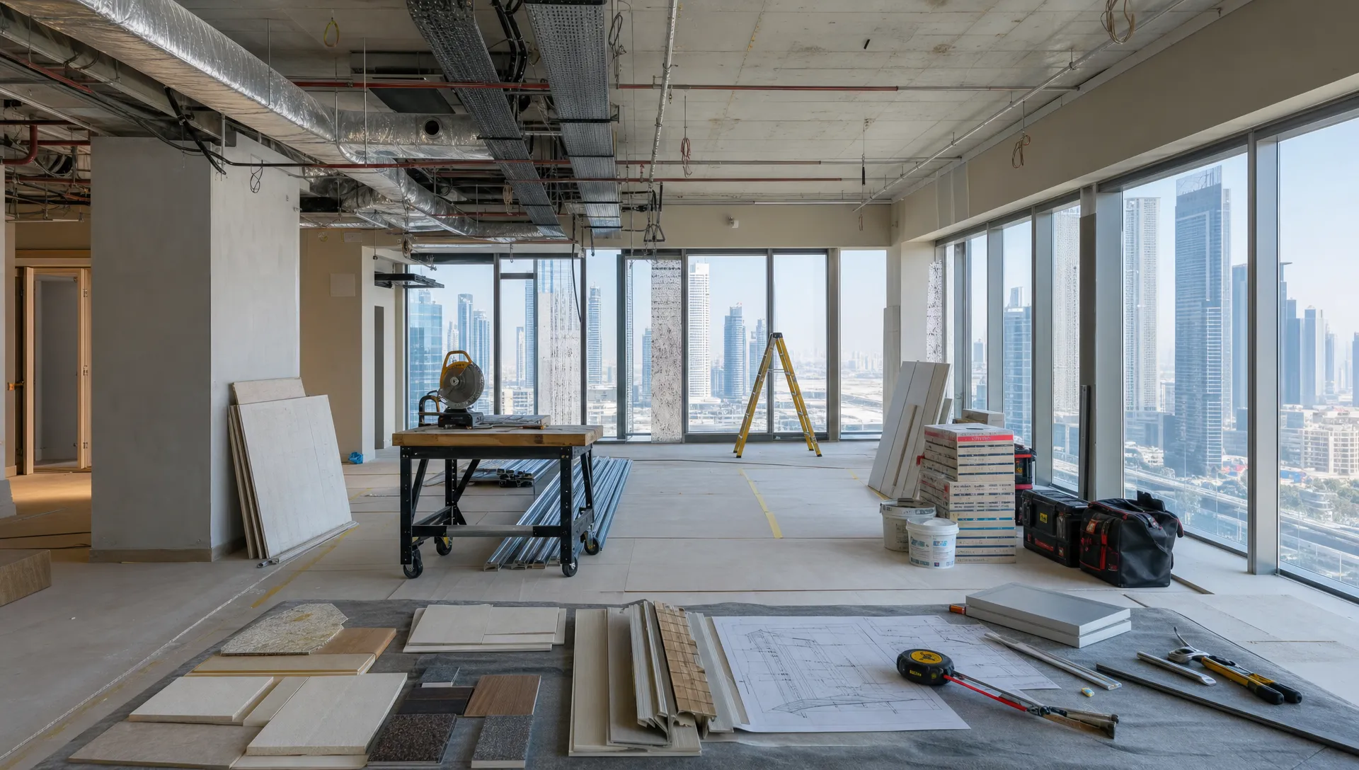 A protected Dubai renovation site with exposed ceiling services, material samples and neatly arranged tools.