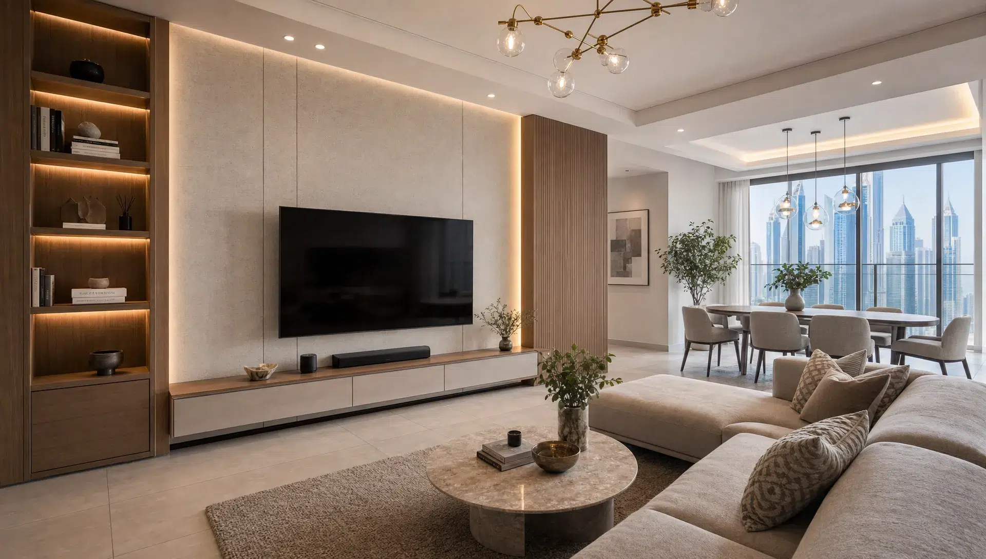 A renovated Dubai apartment living room shows built-in storage, textured wall finishes, a seating area, and an open connection to the dining space.