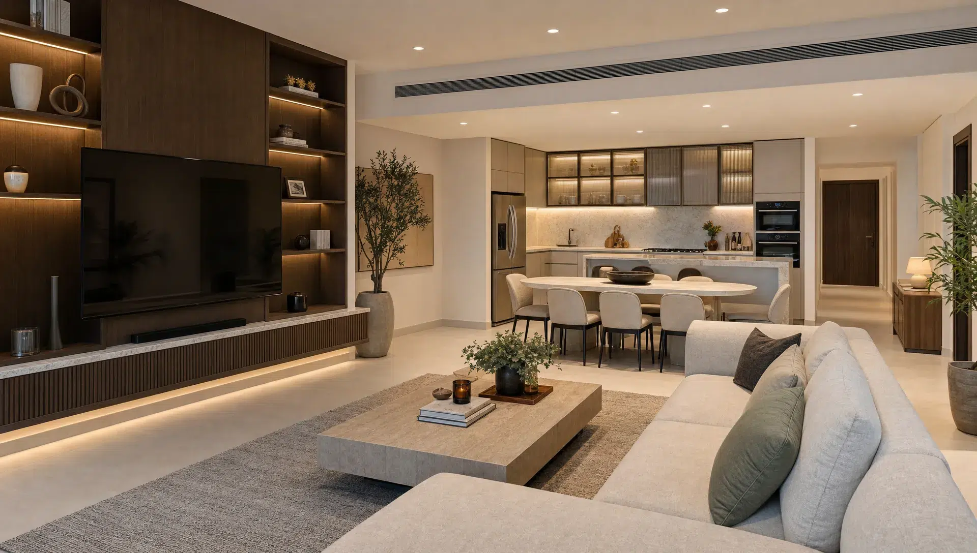 A renovated Dubai home interior with open living space, custom built-in joinery, warm wall finishes, recessed lighting, and a clean transition into a modern kitchen.