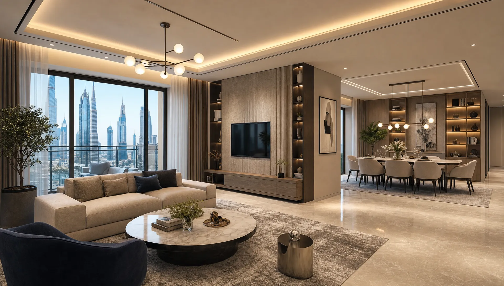 A renovated Dubai living and dining area shows layered lighting, a textured feature wall, built-in storage, and open circulation between the two zones.
