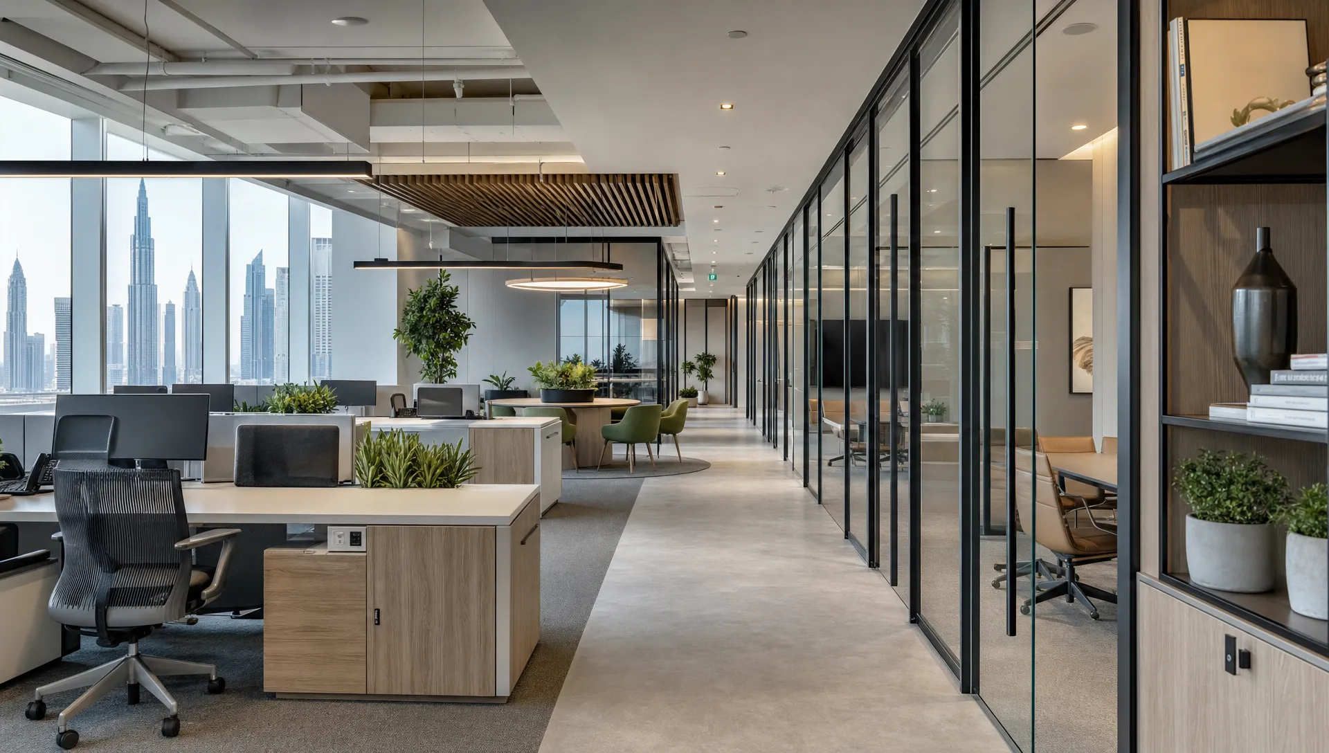 A renovated Dubai office with defined work zones, glass meeting rooms, integrated storage, and a central collaboration area with clear walkways.