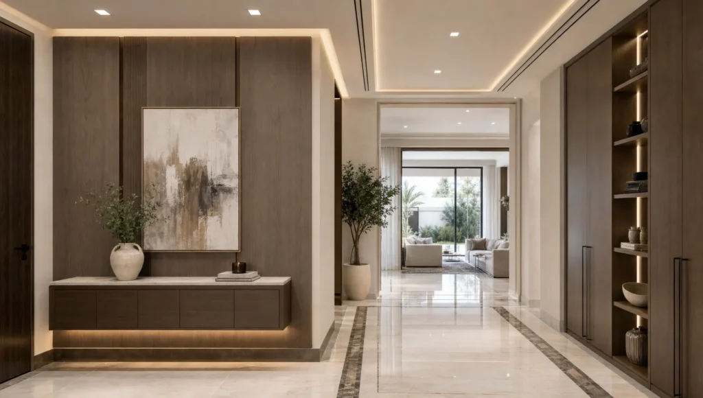A renovated Dubai villa corridor opens into brighter living spaces with custom joinery and a more open flow.