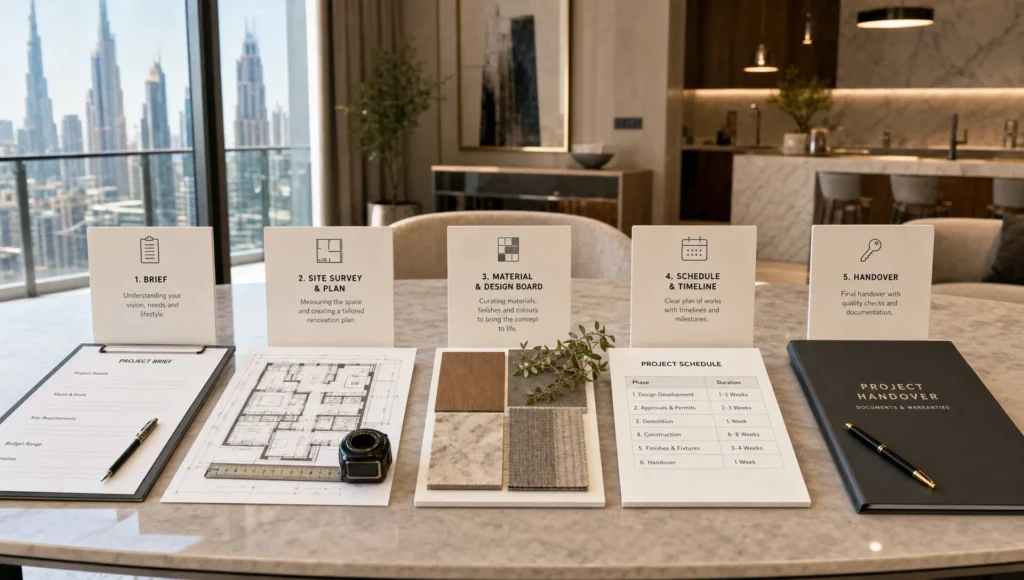 A row of plans, material boards, and a handover folder shows the step-by-step process of a Dubai home renovation.