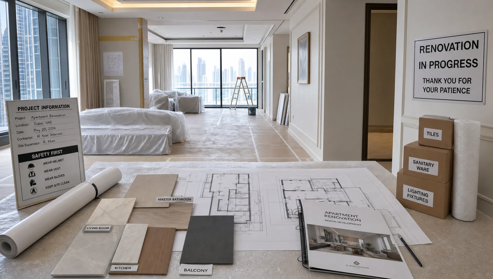 A well-organized Dubai home renovation site with protected flooring, covered furniture, labeled material samples, and printed plans on a table in a bright interior space.